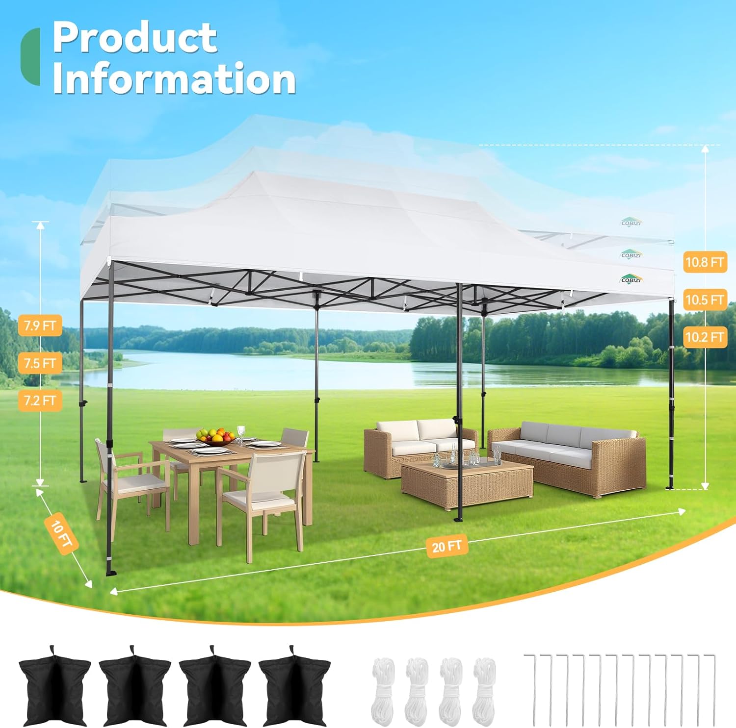 COBIZI 10x20 Heavy Duty Pop Up Canopy Tent with 6 Sidewalls Thicken Frame, Commercial Easy Up Outdoor Wedding Party Tents, All Season Waterproof Windproof with Stakes Sandbags Ropes Roller Bag, White - Image 3