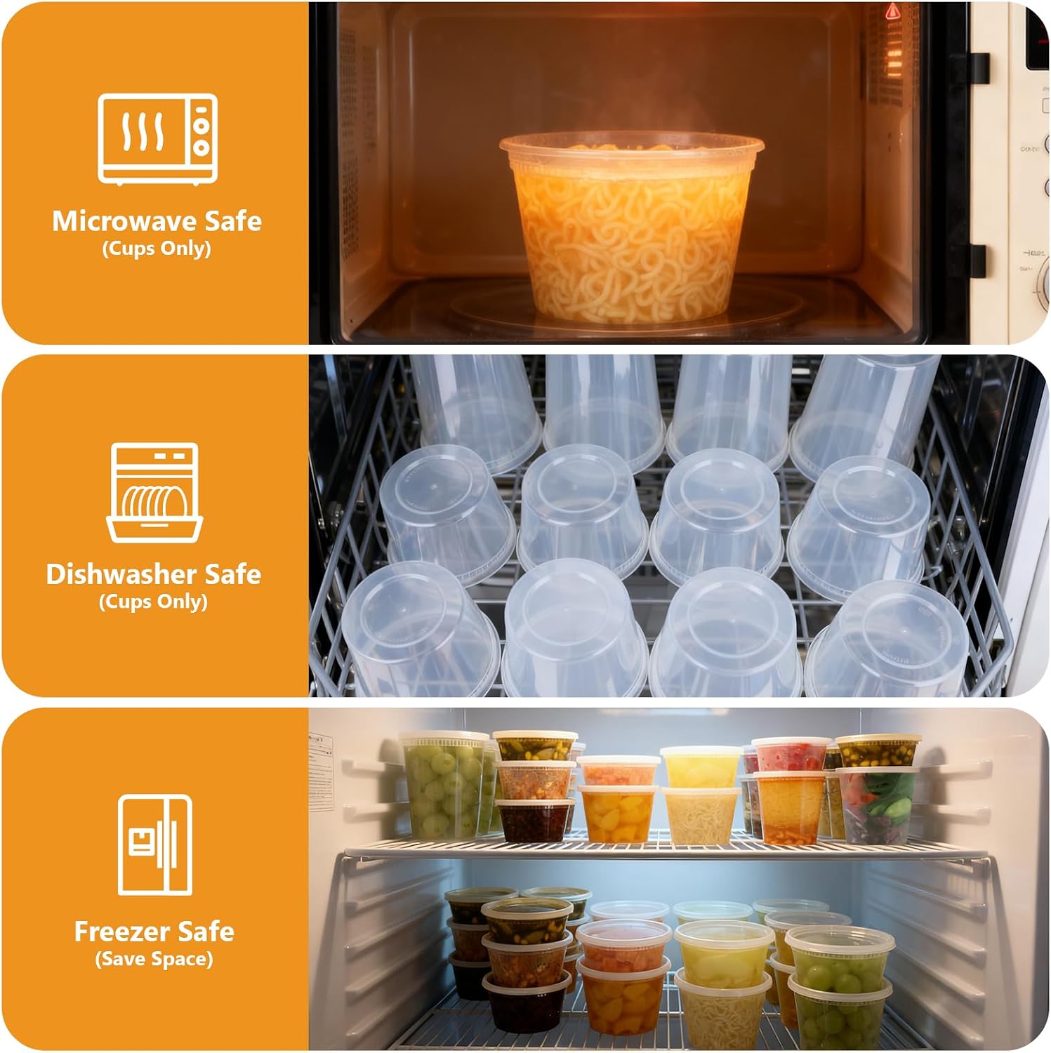 NESCCI 72 Sets (144-Piece) Deli Containers with Lids, 32/16/8 oz X 24 Set Each, Leak-Proof & BPA Free Airtight Takeout Plastic Food Storage Containers for Soup, Meal Prep,Microwave/Freezer Safe - Image 6