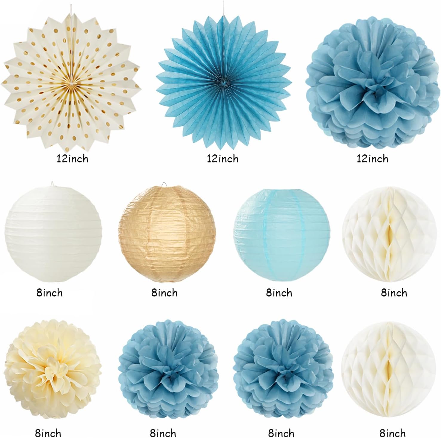 Light-Dusty Blue Beige-Champagne Women Birthday-Decorations - 21pcs Boho Neutral Happy Banner Garland,Paper Streamers Lanterns,Flower Tissue Pom Poms Fan Supplies,Wall Backdrop Party Decor Huglony - Image 3