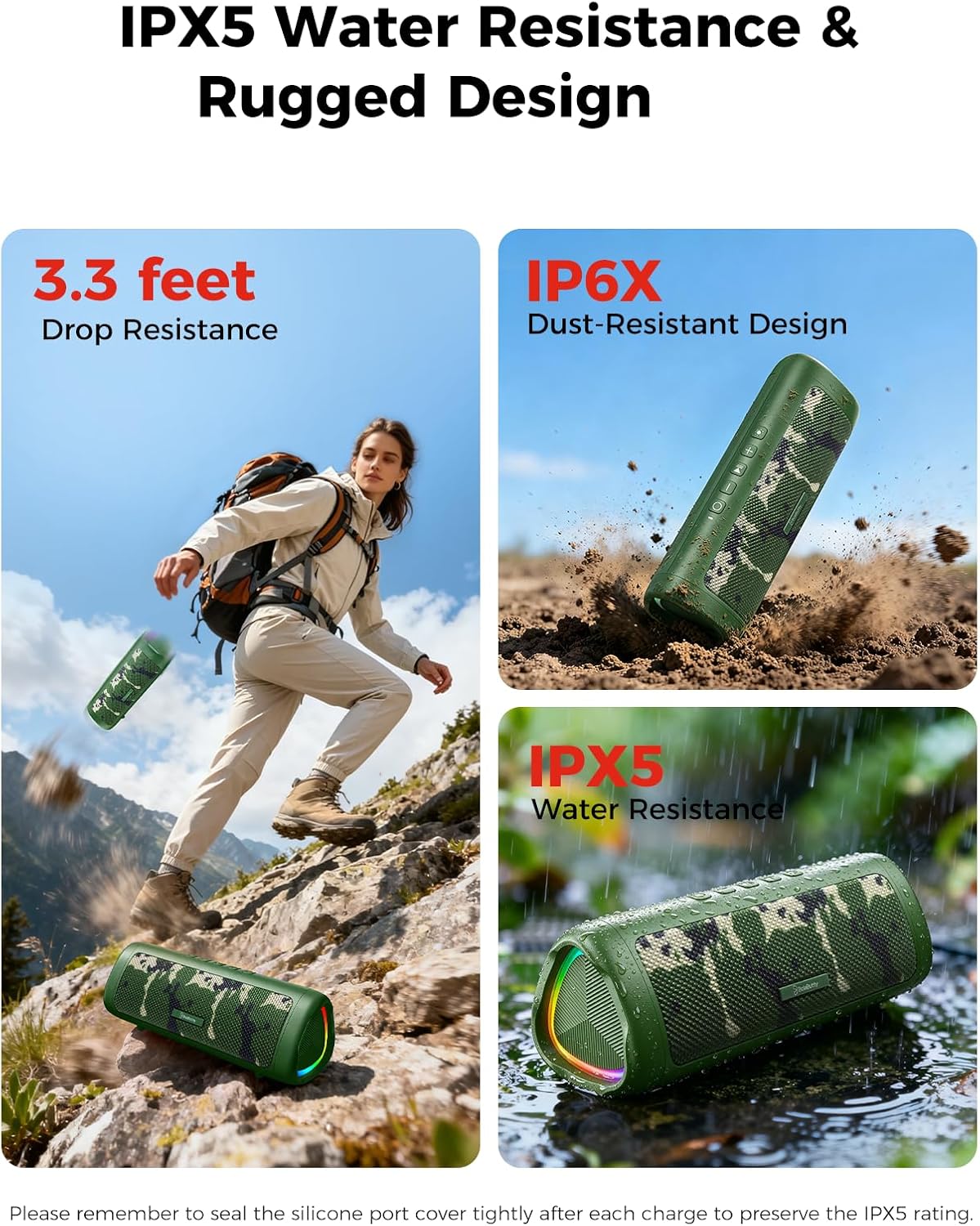 Bluetooth Speaker, 20W HD Sound, Portable Wireless, IPX5 Waterproof, Up to 24H Playtime, TWS Pairing, for Home/Party/Outdoor/Camping/Beach Essentials, Electronic Gadgets, Birthday Gift (Camo) - Image 4