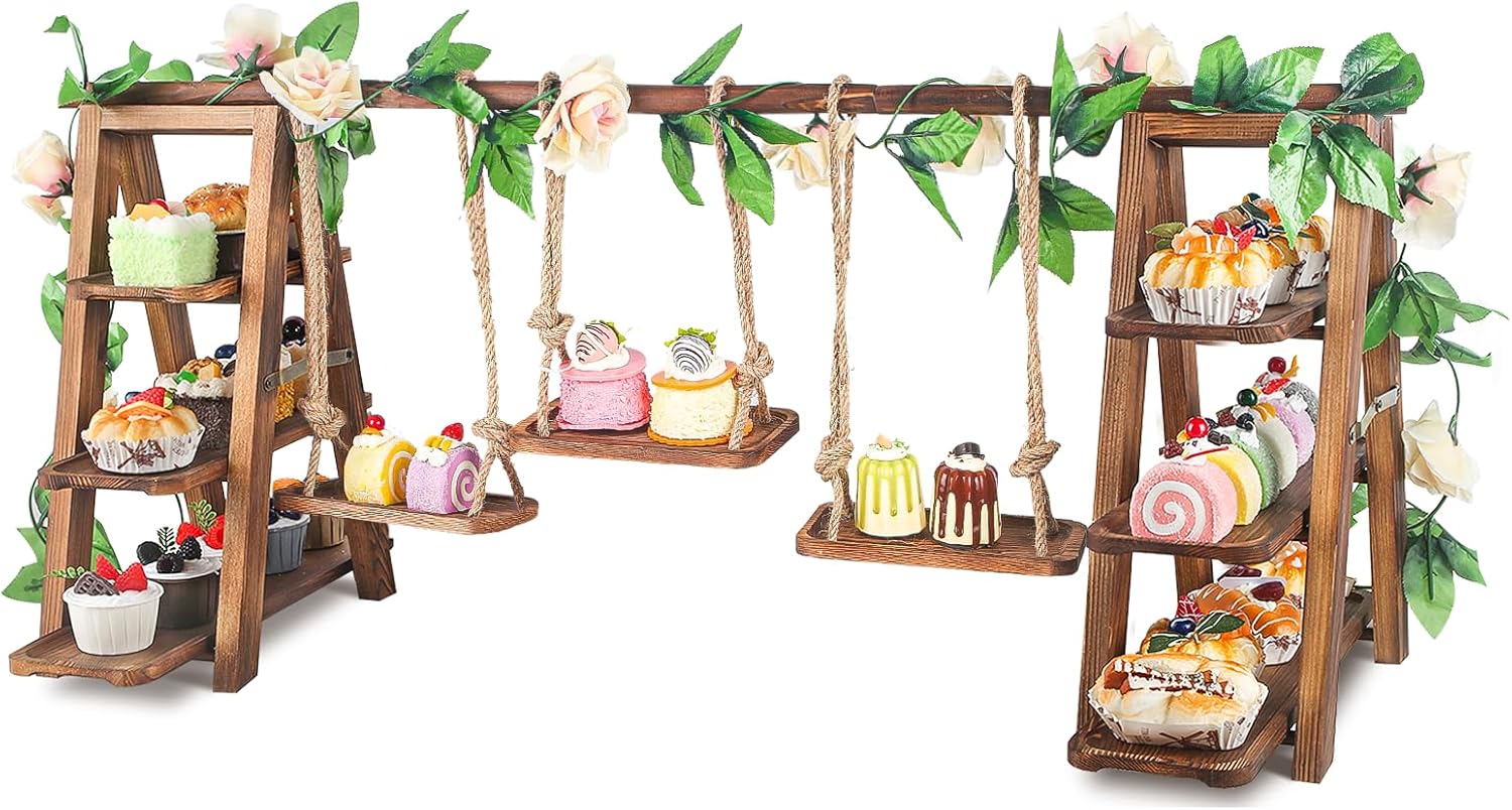 Wisreach Upgraded Large Wooden 3 Tier Swing Cupcake Stand with Flower Decor, Removable Trays, Foldable Ladder Display for Cake, Snacks, Fruit, Bread, Party & Catering Centerpieces