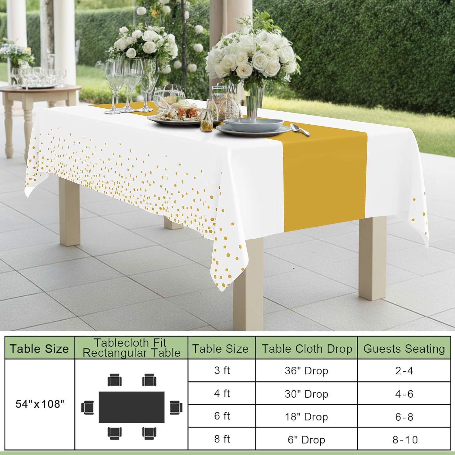 Smiry Plastic Table Cloth Disposable 3 Pack, 54 x 108 Inch Rectangle Waterproof Tablecloth, Printed Gold Table Runner Style for Birthday Weeding, Party Decorations, Leakproof & Sturdy, White and Gold - Image 8
