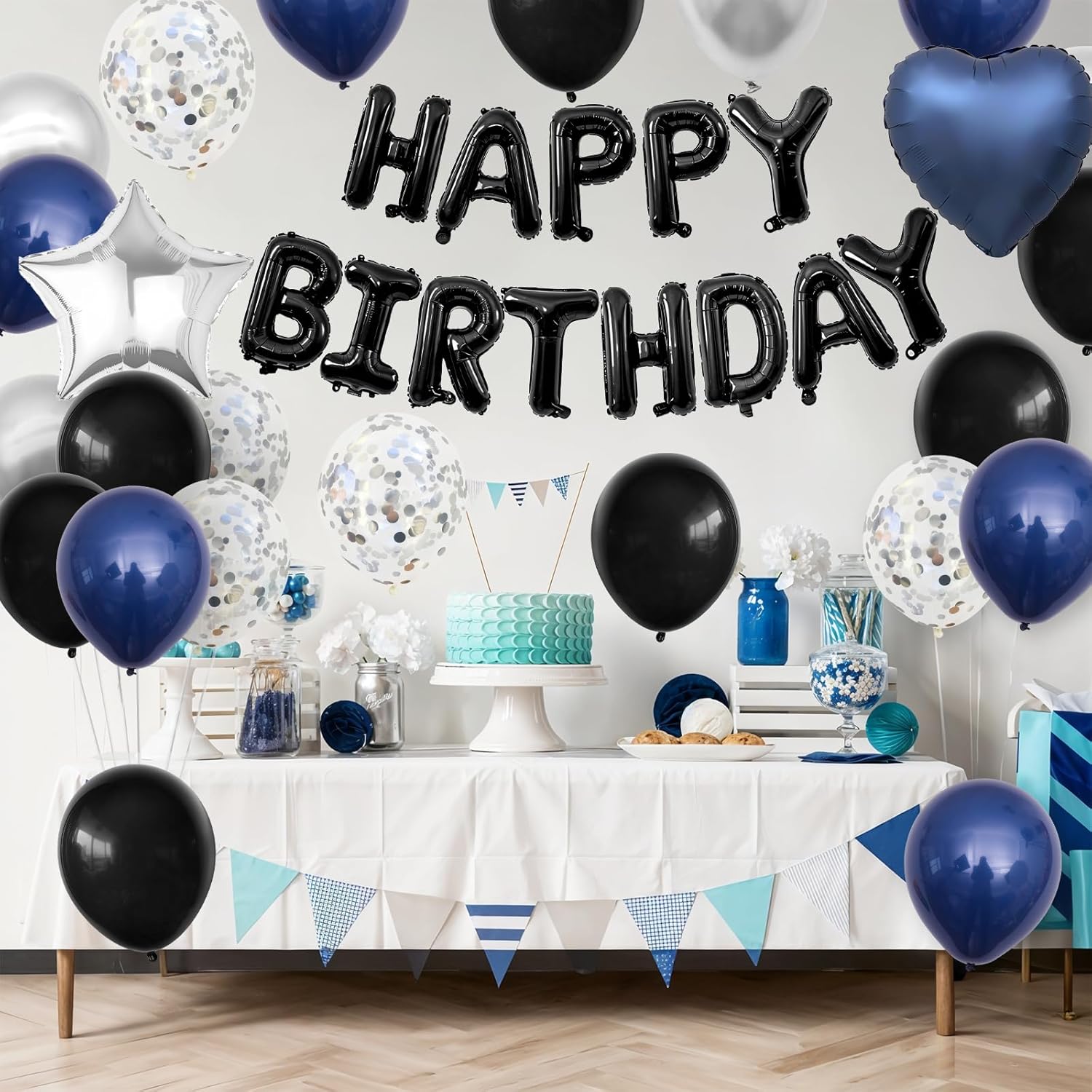 Navy Blue and Black Birthday Decorations for Men,Blue Black White Balloons Happy Birthdays Balloon Banner Silver Confetti Balloons for Men Boy Girls Women Adults Birthday Party Decorations - Image 7