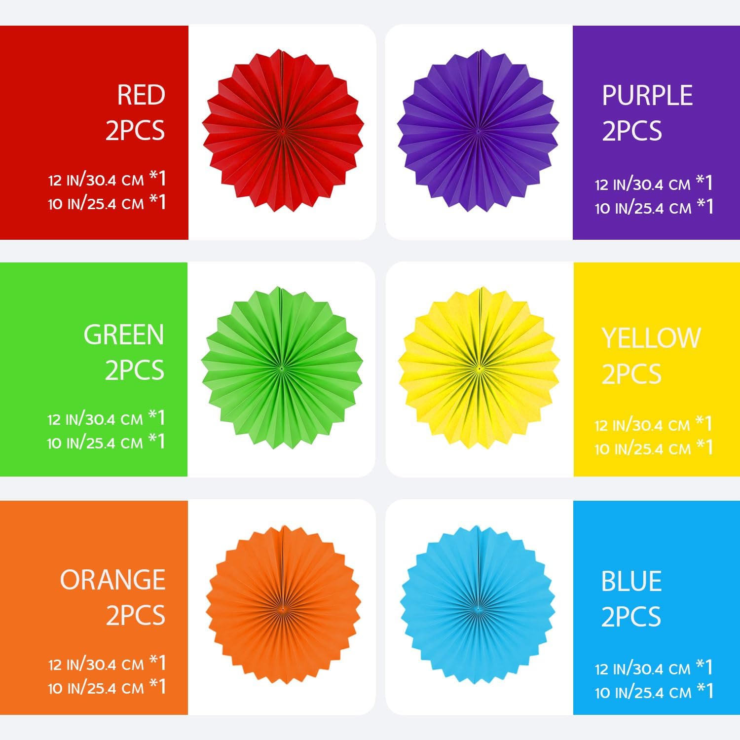 Rainbow Paper Round Fan Decorations,Vibrant Red Green Yellow Blue Orange Purple Hanging Fans, Fiesta Party Decor, Wedding Birthday Backdrop, Back to School Decor, Set of 12, 10", 12" - Image 3