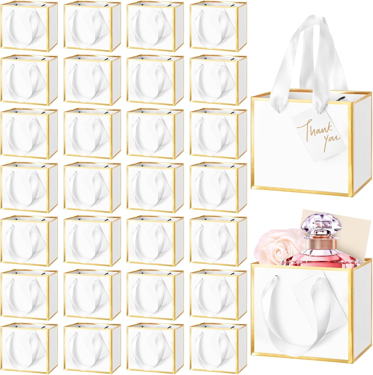 Yeaqee 50 Pcs Mini Metallic Paper Gift Bags with Handle 4.75x2.25x4'' Small Gift Bag DIY Tag Thank You Party Favor for Summer Wedding Baby Shower Birthday Back to School Jewelry (White,Gold)