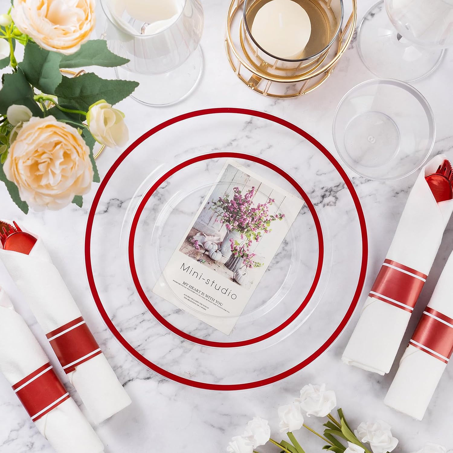 Goodluck 350 Piece Red Plastic Dinnerware Set for Party, Clear Disposable Plates for 50 Guests, Includes 100 Plates, 50 Pre Rolled Napkins with Cutlery Set, 50 Cups for Graduation, Wedding, Christmas - Image 3