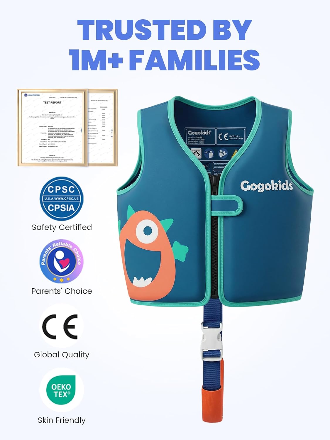 Gogokids Toddler Swim Vest Pool Floaties for Kids 1-2-3-5-6-9-12 Yrs, Neoprene Swimming Jacket w/Adjustable Strap & Zip, Kids Pool Float Jacket 30-50-70-90 Pounds for Boys Girls Youth Teens - Image 2