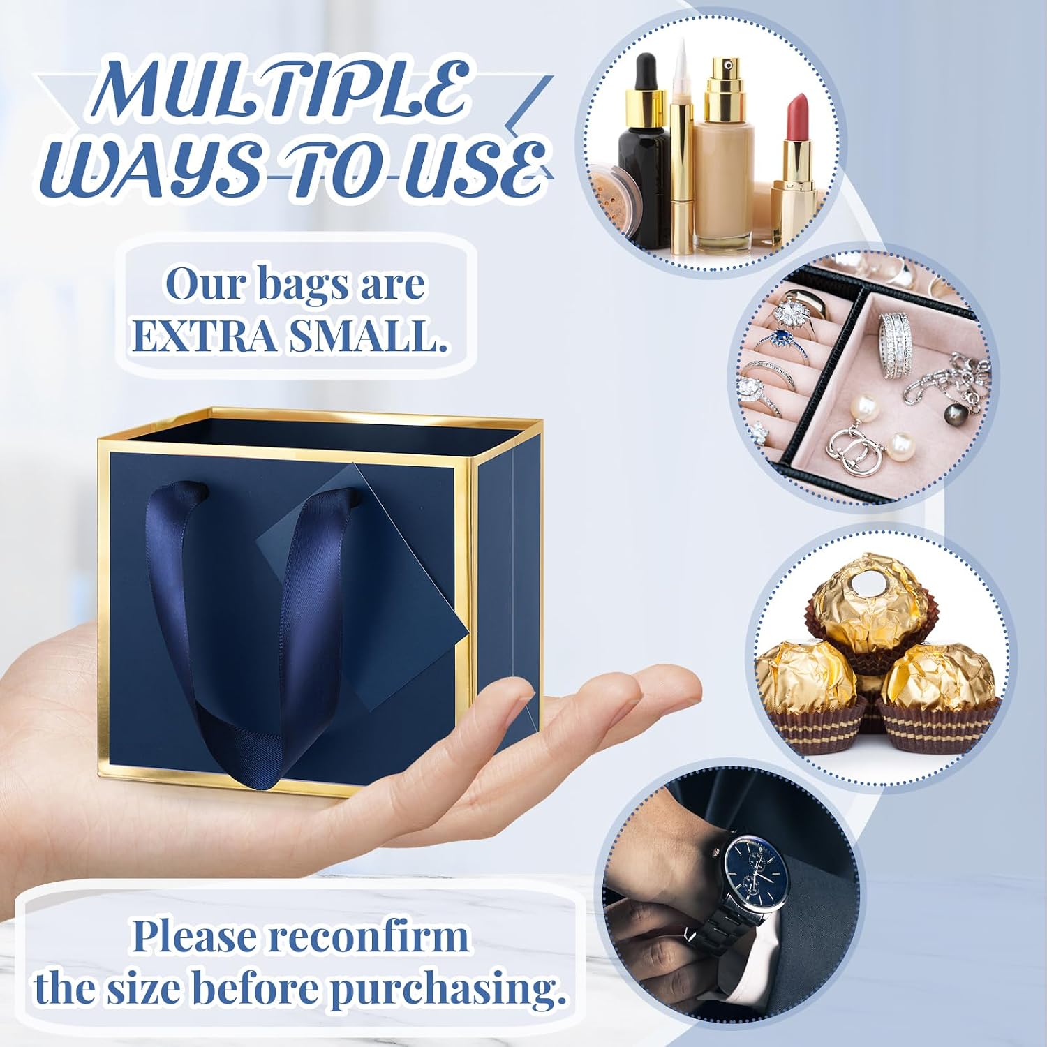 Yeaqee 50 Pcs Mini Metallic Paper Gift Bags with Handle 4.75x2.25x4'' Small Gift Bag DIY Tag Thank You Party Favor for Summer Wedding Baby Shower Birthday Back to School Jewelry (Navy Blue,Gold) - Image 3