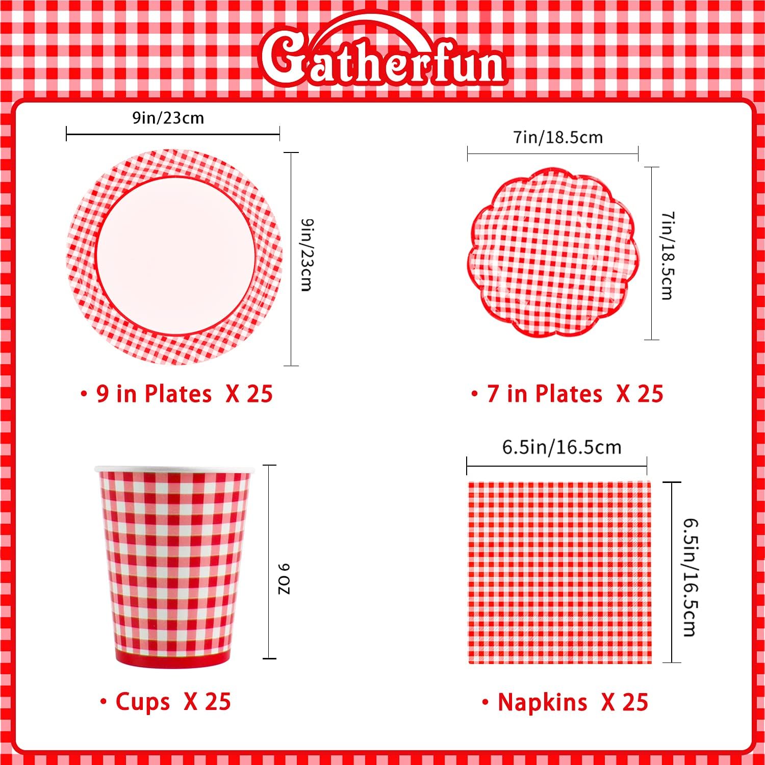 Gatherfun Gingham Red and White Party Supplies Disposable Paper Plates Napkins Cups Knives Spoons Forks Tablecloth Banner for Birthday Party Family Dinner Picnic Barbecue Mother's Day Party, Serve 25 - Image 3