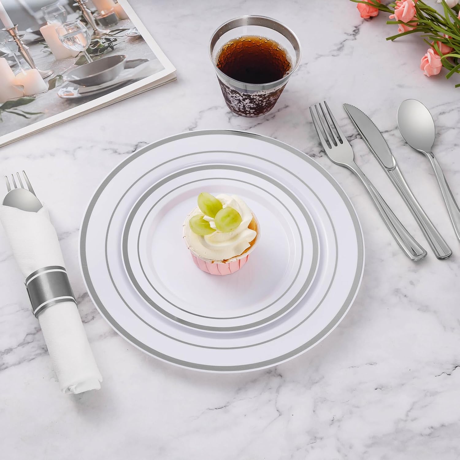 Goodluck 350 Piece Silver Plastic Dinnerware Set for 50 Guests, Fancy Disposable Plates for Party, Include: 50 Dinner Plates, 50 Dessert Plates, 50 Pre Rolled Napkins with Silver Silverware, 50 Cups - Image 3