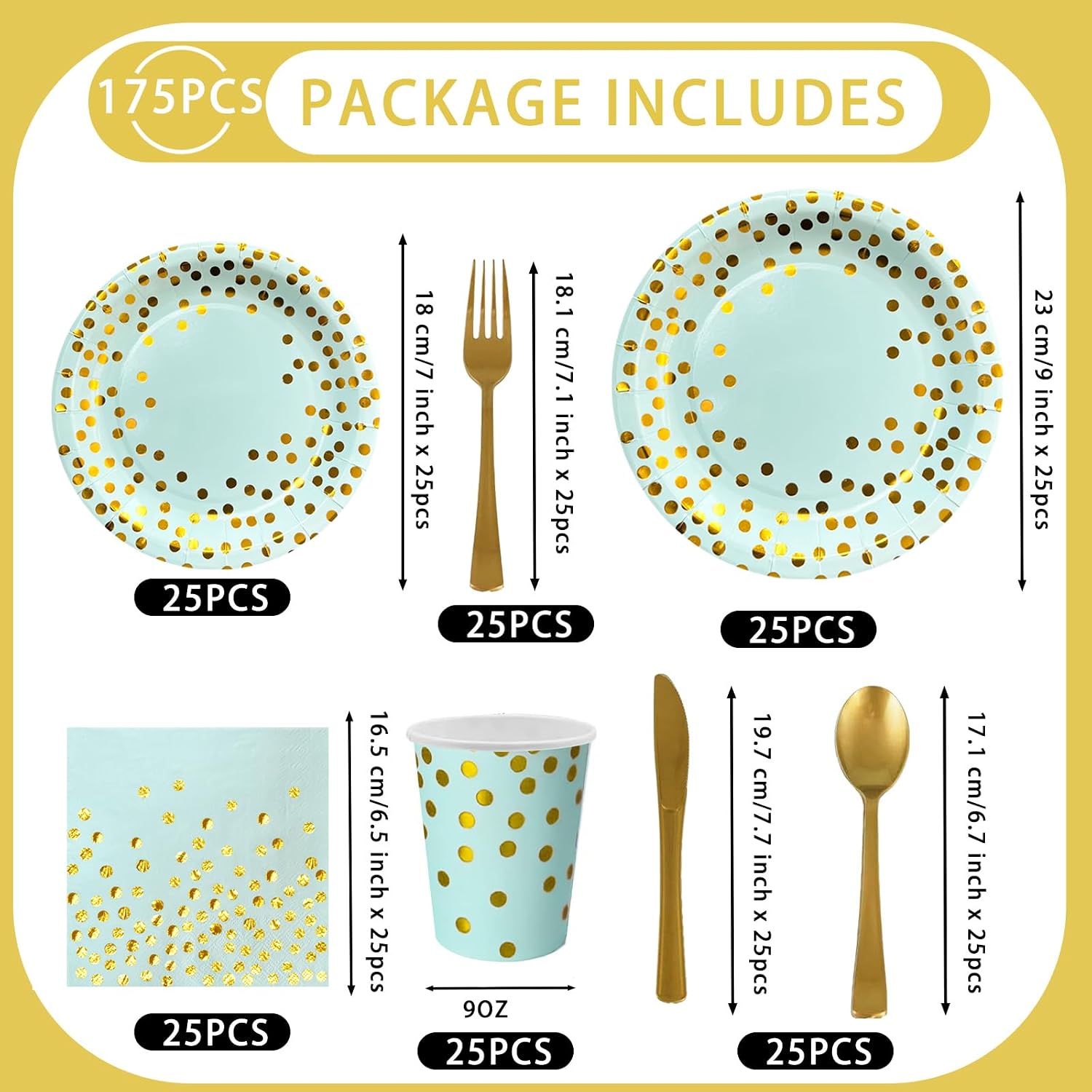 Paper Plates and Napkins Party Supplies - 175pcs Blue and Gold Polka Dots Party Plates and Cups and Napkins Sets for Birthday, Wedding, Baby Shower, Graduation Decorations (Serve 25) - Image 3