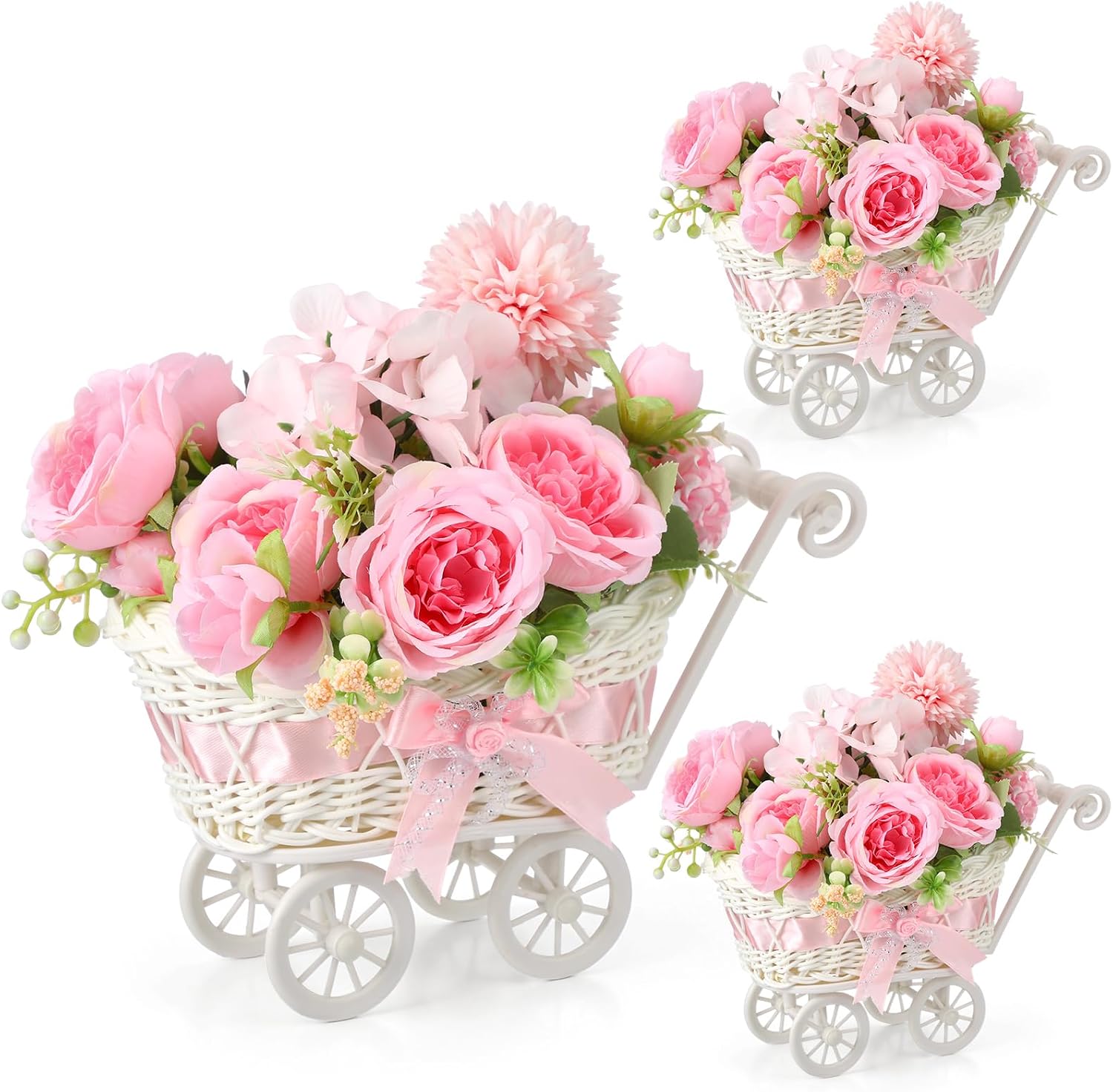 3 Pack Rattan Baby Carriage Floral Arrangement with Bouquet Pink Baby Shower Table Centerpiece Stroller for Guests Gender Reveal Wedding Party Favor Gift and Souvenir - Image 7
