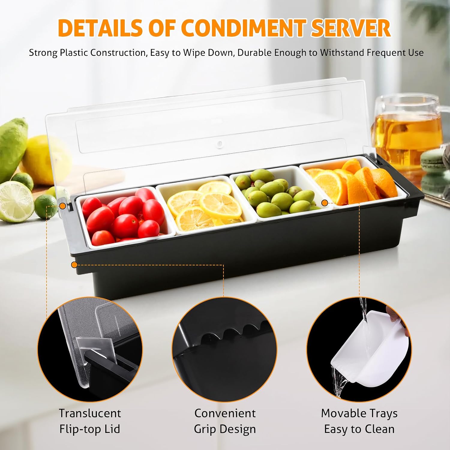 WICHEMI Condiment Container with Lid Ice Chilled Condiment Server with Ice Tray Fruit, Veggie & Condiment Caddy Plastic Garnish Station for Bartending Serving Taco, Salad Bar Container (4 Compartment) - Image 3