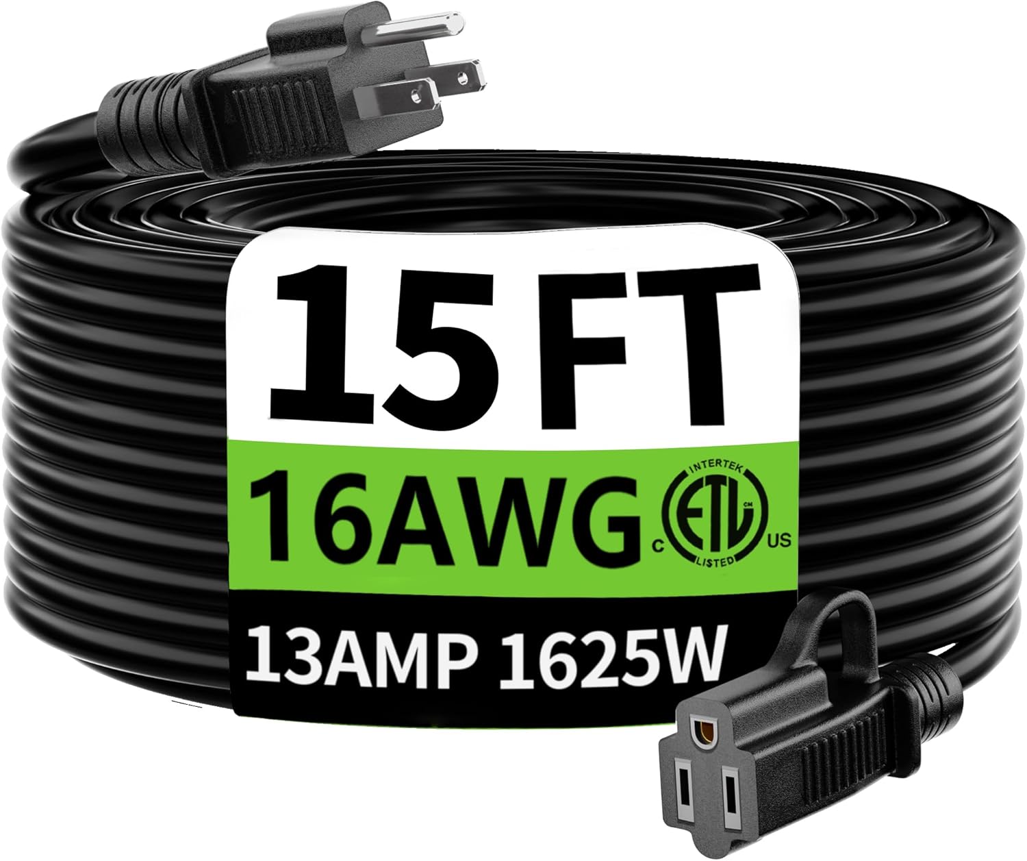 HUANCHAIN Indoor Outdoor Black Extension Cord 15 ft Waterproof, 16/3 Gauge Flexible Cold-Resistant Appliance Extension Cable Outside, 13A 1625W 16AWG SJTW, 3 Prong Electric Cord, ETL