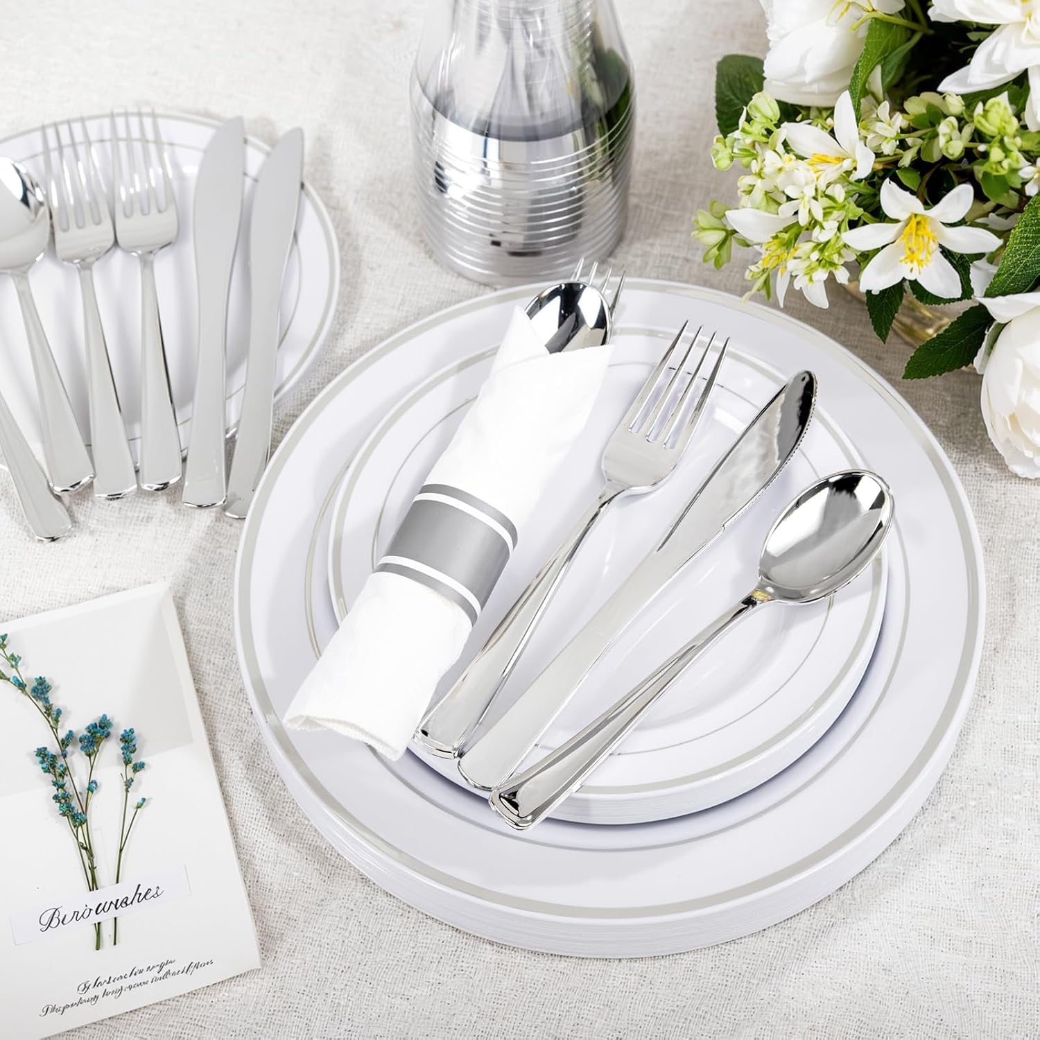 WELLIFE 350-Piece Silver Plastic Dinnerware Set - Disposable 10.25" Dinner Plates, 7.5" Dessert Plates, 9oz Silver Rim Cups & Cutlery for Weddings - 50 Guest Service - Elegant Disposable Silverware - Image 5
