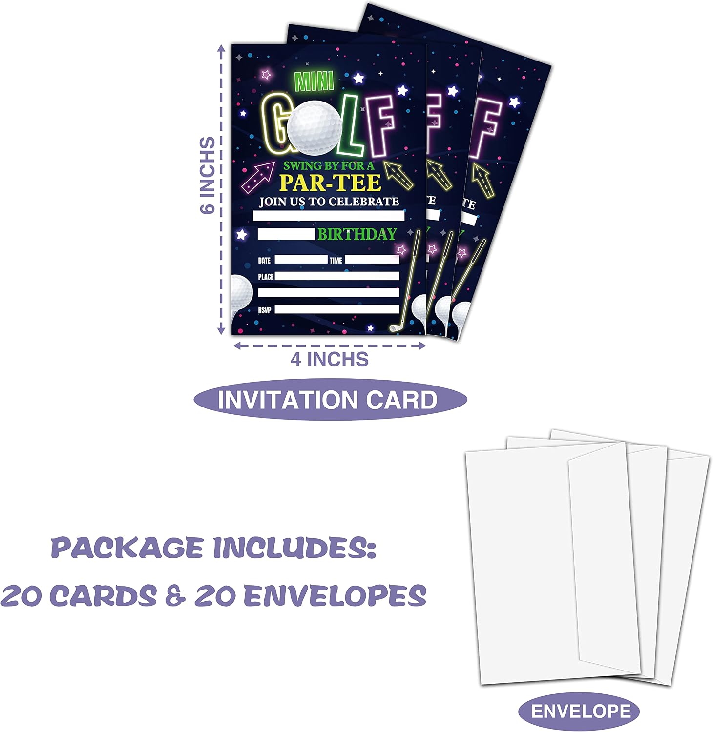 Golf Birthday Party Invitation, Mini Golf Themed Fill-In Invites, 20 Invitations With Envelopes for Friends (4" X 6"), Neon Glow Party Favors Decorations and Supplies -47 - Image 2