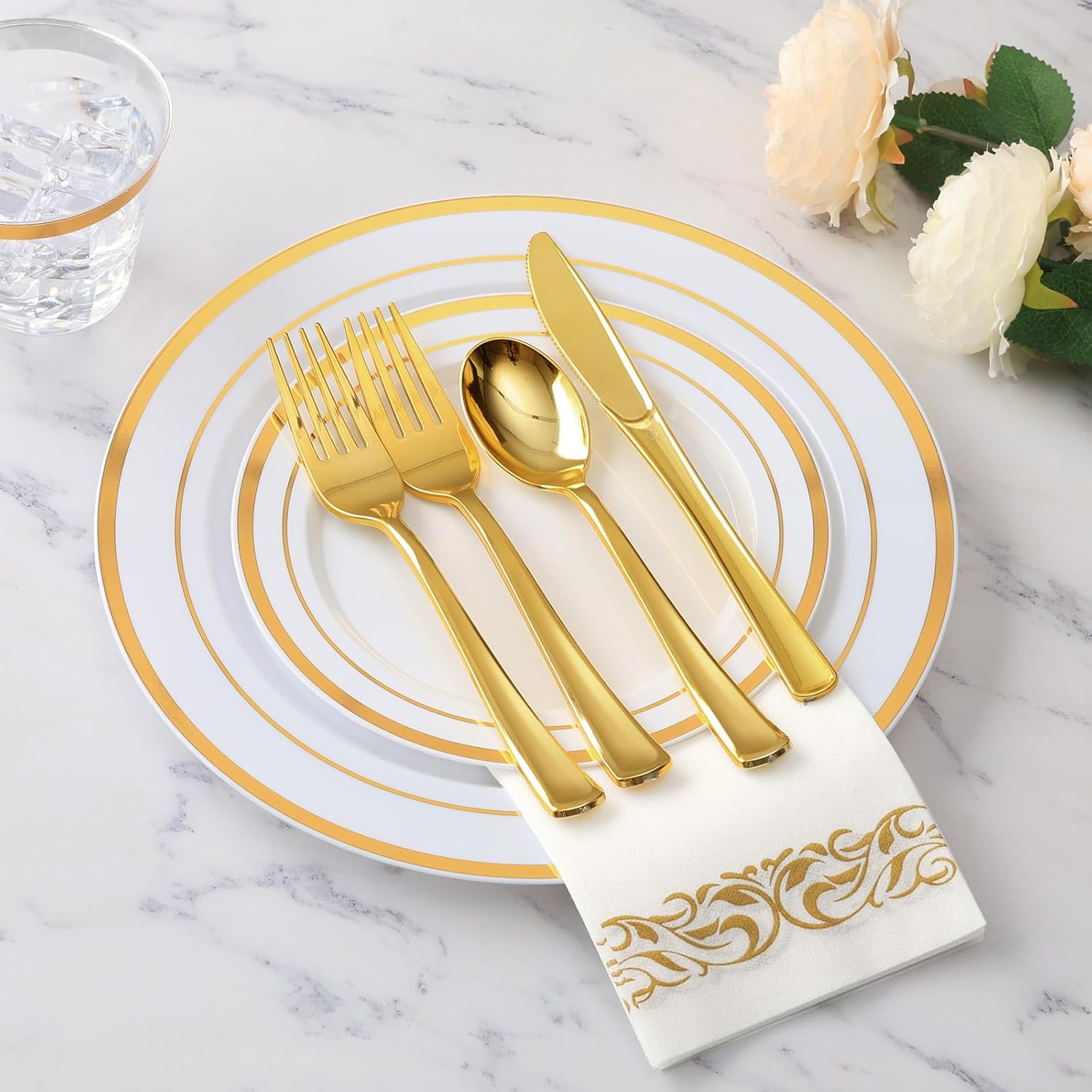 Goodluck 700 Pieces Gold Dinnerware Set for 100 Guests, Disposable for Party, Include: 100 Gold Rim Dinner Plates, 100 Dessert Plates, 100 Paper Napkins, 100 Cups, 100 Plastic Silverware Set - Image 2