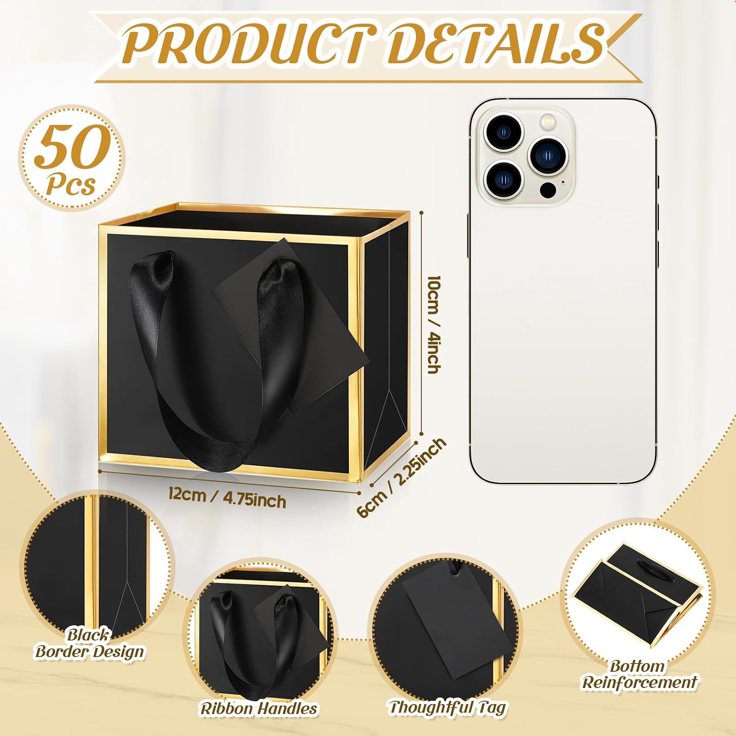 Yeaqee 50 Pcs Mini Metallic Paper Gift Bags with Handle 4.75x2.25x4'' Small Gift Bag DIY Tag Thank You Party Favor for Summer Wedding Baby Shower Birthday Back to School Jewelry (Black,Gold) - Image 2