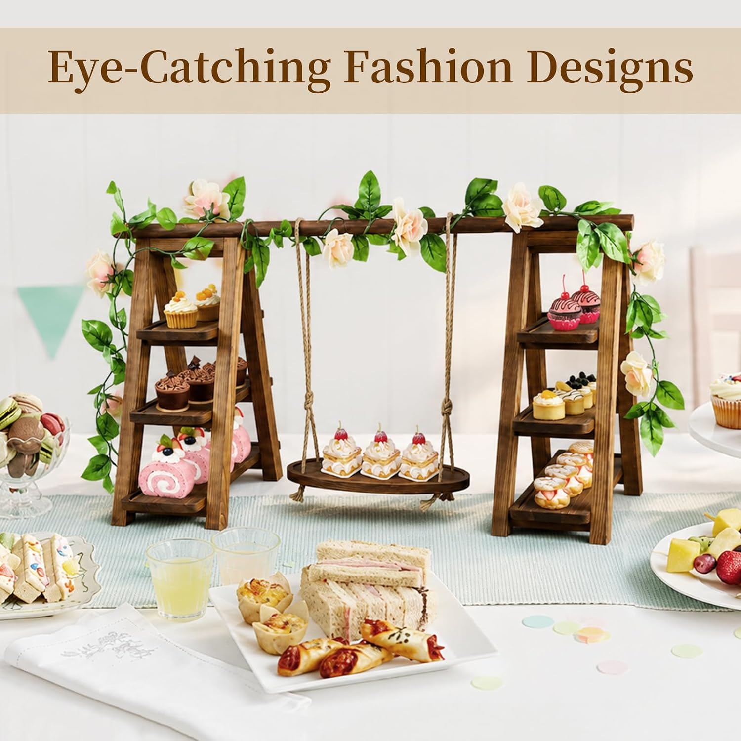 Large Wooden 3 Tier Swing Cupcake Stand with Flower Decor, Removable Trays, Foldable Ladder Display for Cake, Snacks, Fruit, Bread, Party & Catering Centerpieces - Image 7