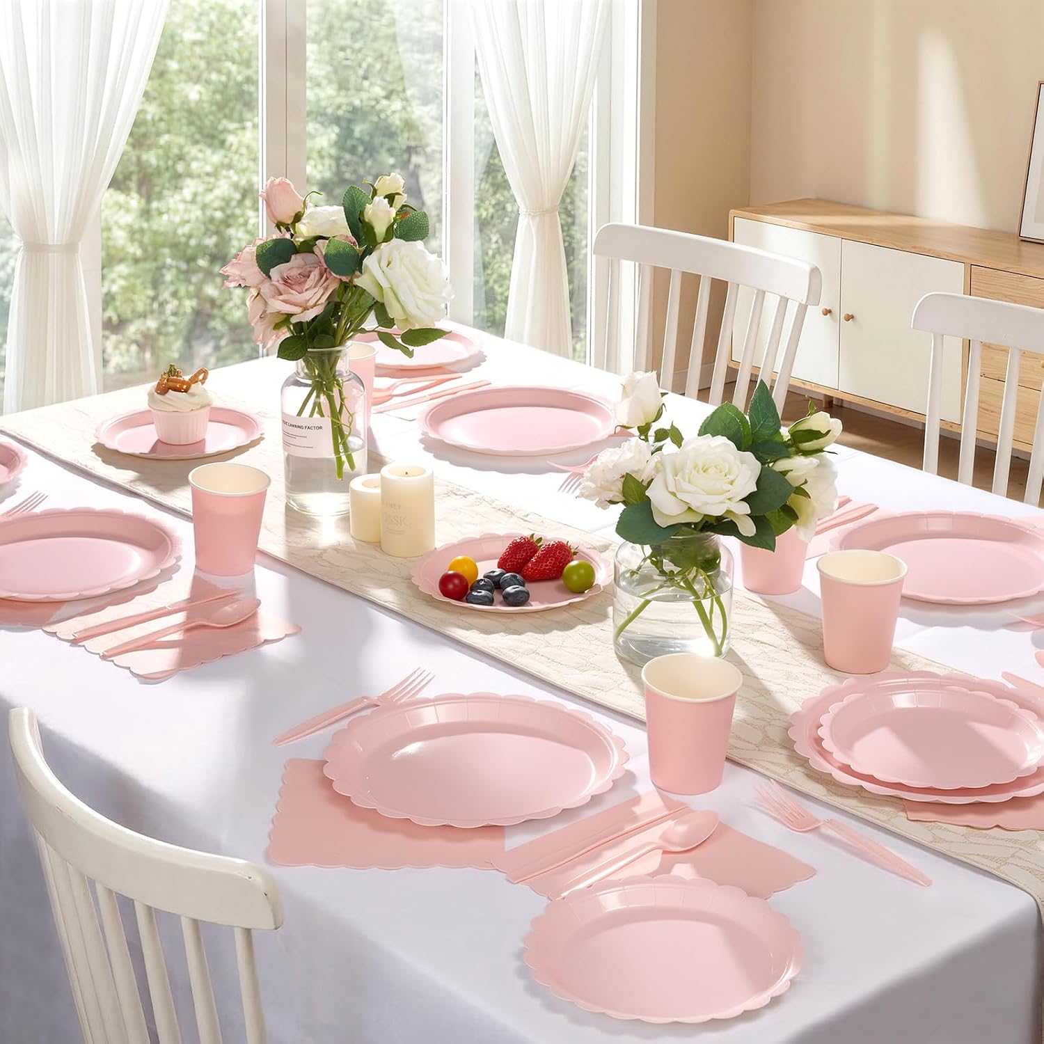 Goodluck 175 Pcs Pink Paper Plates Set, 25 Guest Party Supplies Includes Disposable Scalloped Party Plates, Napkins, Cups, Plastic Cutlery Set for Birthday, Bridal and Baby Shower - Image 7