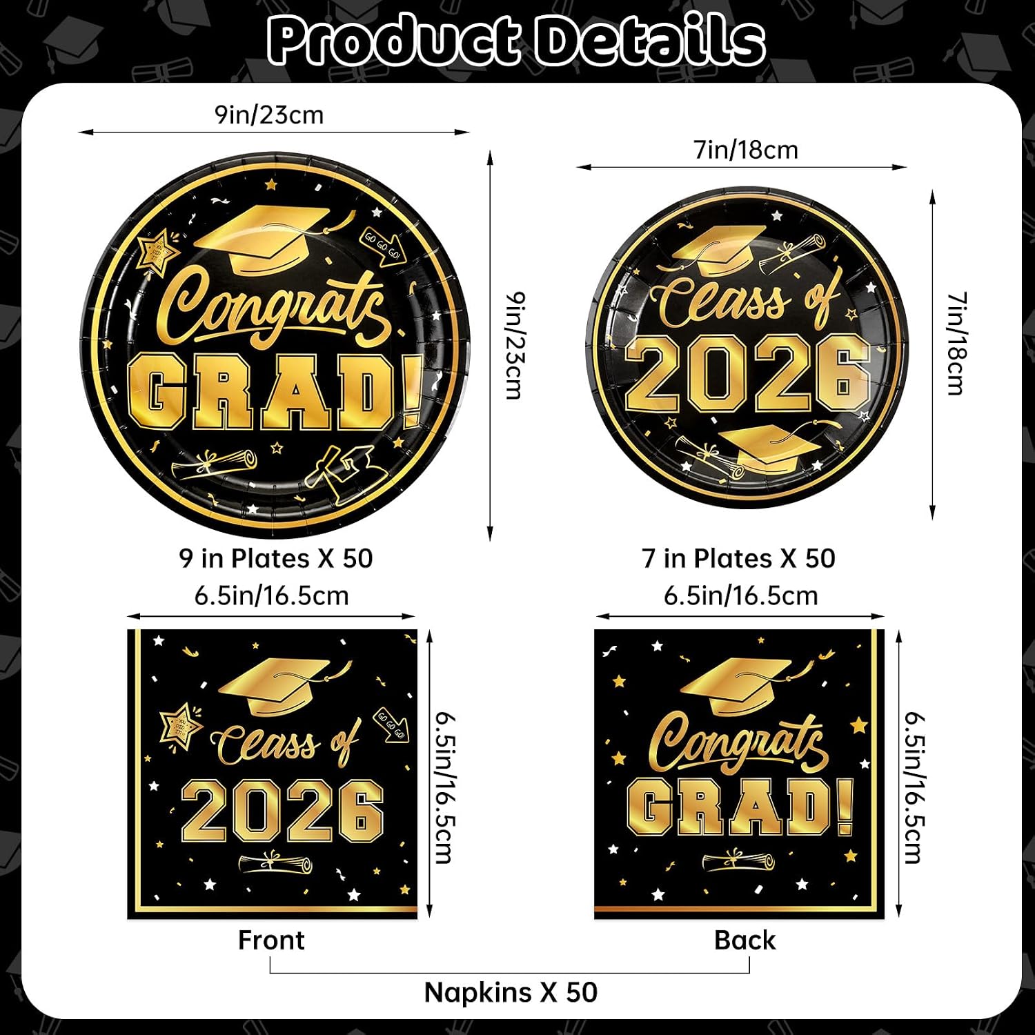 Litmitfu 150 Pcs Graduation Plates and Napkins 2026 - Black Gold Congrats Grad Class of 2026 Paper Dessert Dinner Plates Napkins Set for Graduation Party Decorations Supplies Table Decor, Serves 50 - Image 3