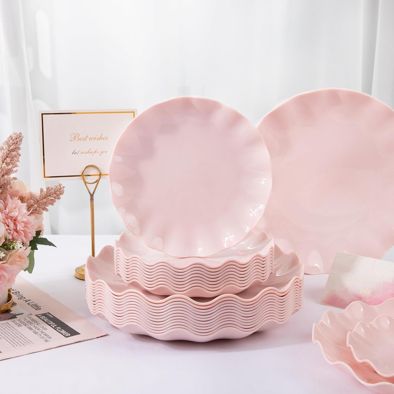 LIYH 24 Pcs Pink Plastic Plates Reusable, Pink Scalloped Plates Durable and Dishwasher Safe, Light Weight Daisy Wavy Plate Parties, Birthday, Picnics, BPA Free(12Guests) - Image 8