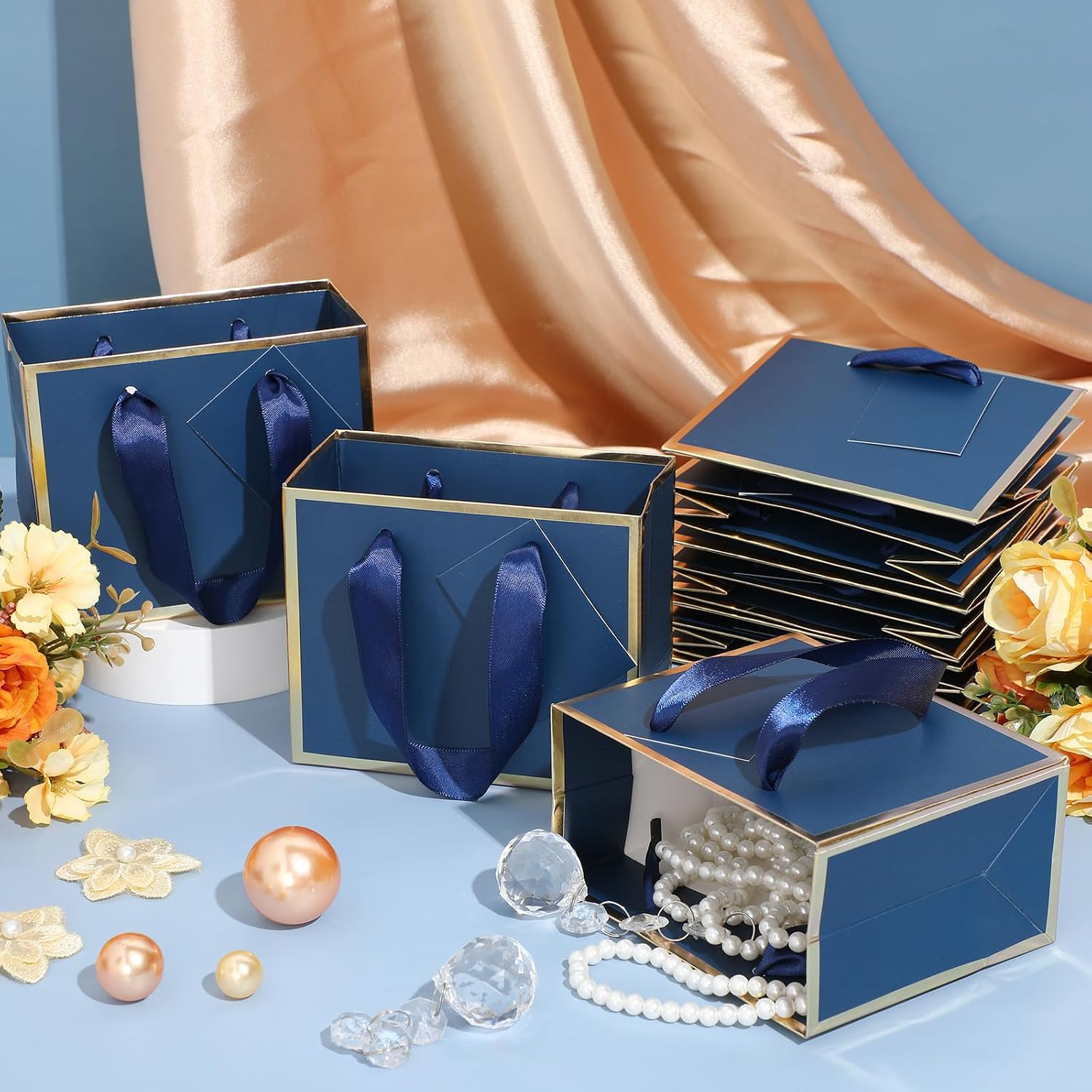 Yeaqee 50 Pcs Mini Metallic Paper Gift Bags with Handle 4.75x2.25x4'' Small Gift Bag DIY Tag Thank You Party Favor for Summer Wedding Baby Shower Birthday Back to School Jewelry (Navy Blue,Gold) - Image 7