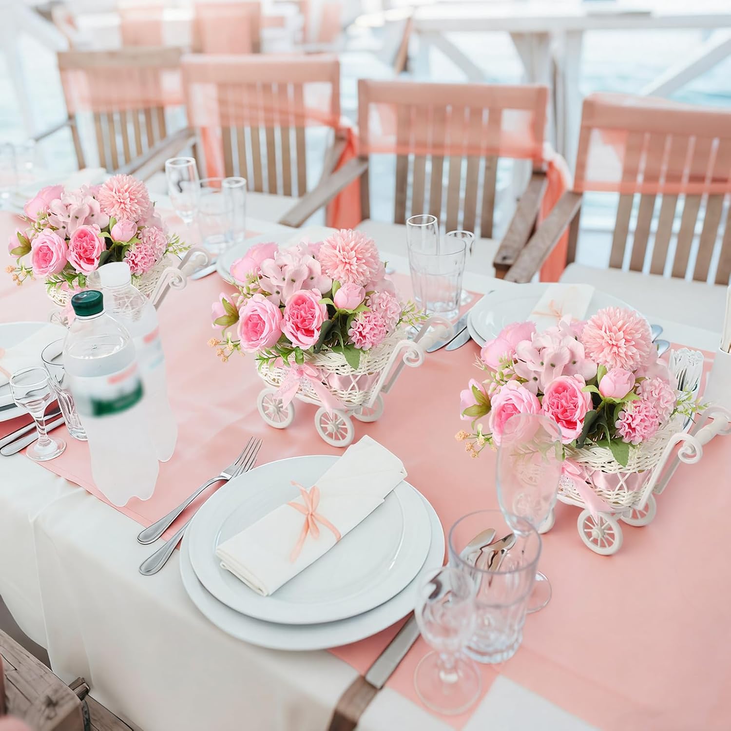 3 Pack Rattan Baby Carriage Floral Arrangement with Bouquet Pink Baby Shower Table Centerpiece Stroller for Guests Gender Reveal Wedding Party Favor Gift and Souvenir - Image 5