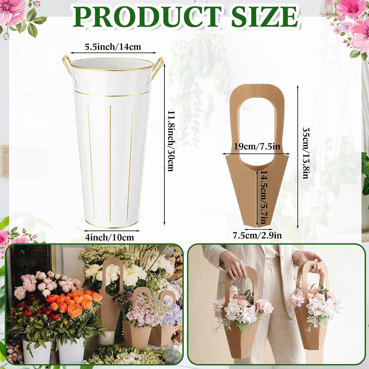 LemonRoad 56 Pcs Flower Bar Buckets Set Kit 6 Pcs Galvanized Bucket Bar 50 Packs Paper Gift Bags for Wedding, Bridal Shower, Graduation Birthday Table Centerpiece(Handheld,Galvanized Iron,11.8 Inch) - Image 2