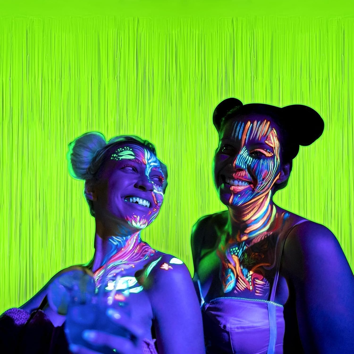 Mega-L Glow in The Dark Party Supplies, Neon Party Decorations, 2 Pack 6.6x6.6 ft Fluorescent Green Foil Fringe Curtains, Glow Photo Backdrop for Birthday, Pool Party, Music Festival, Nightclub - Image 6