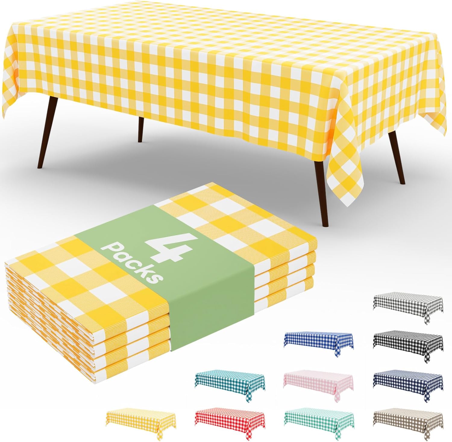 misaya 4 Packs Buffalo Disposable Table Cloth, 54 x 108 Inch Waterproof Plastic Tablecloth, Rectangle Yellow and White Checkered Table Covers for Picnic, Birthday, Party, Back to School