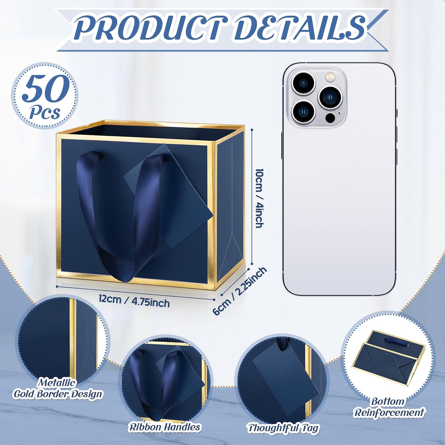 Yeaqee 50 Pcs Mini Metallic Paper Gift Bags with Handle 4.75x2.25x4'' Small Gift Bag DIY Tag Thank You Party Favor for Summer Wedding Baby Shower Birthday Back to School Jewelry (Navy Blue,Gold) - Image 2