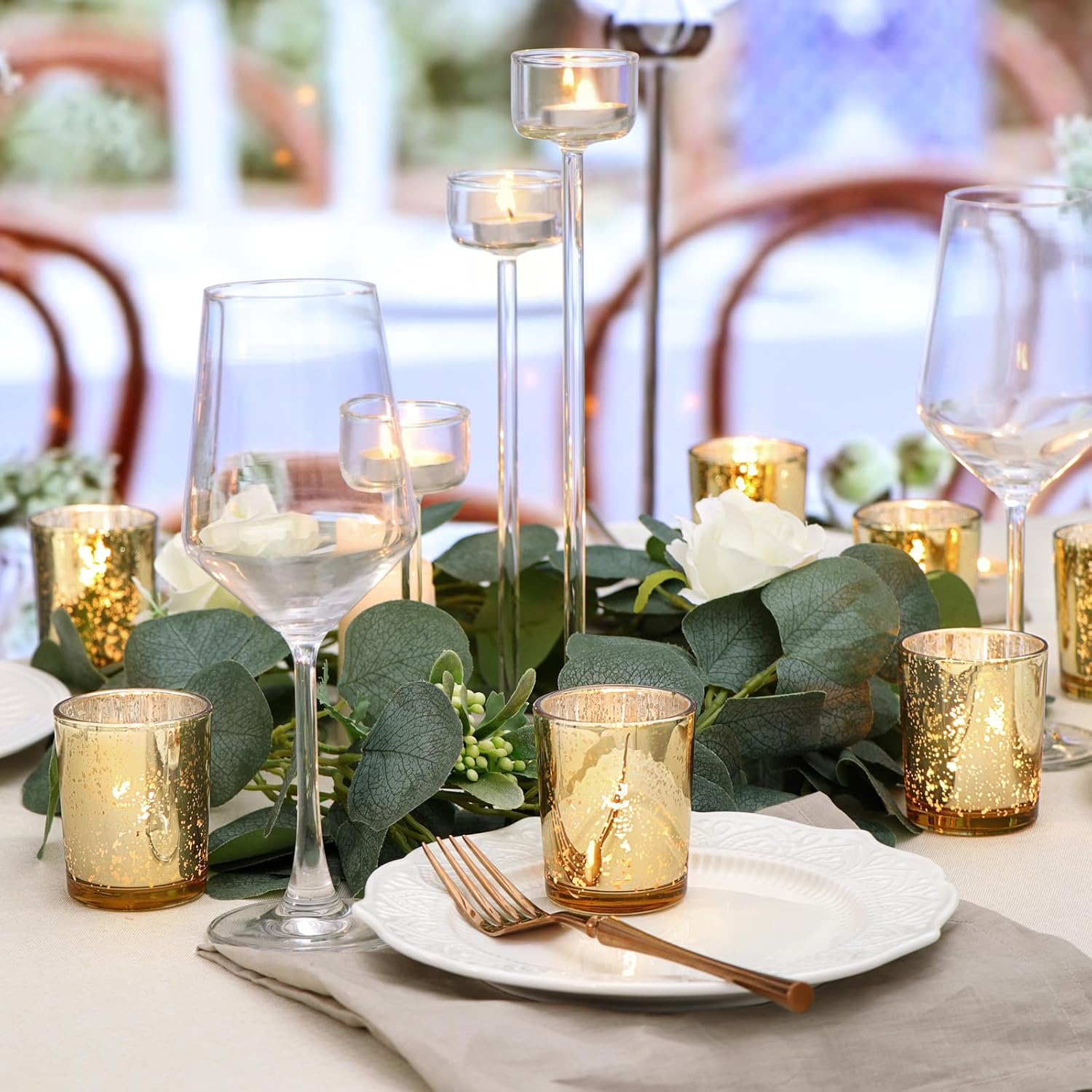 DARJEN 24 Pcs Gold Tea Lights Candles Holders for Wedding Centerpieces, Votive Candle Holders for Party Home Wedding Shower Decorations, Table - Mercury Glass Votives - Image 3