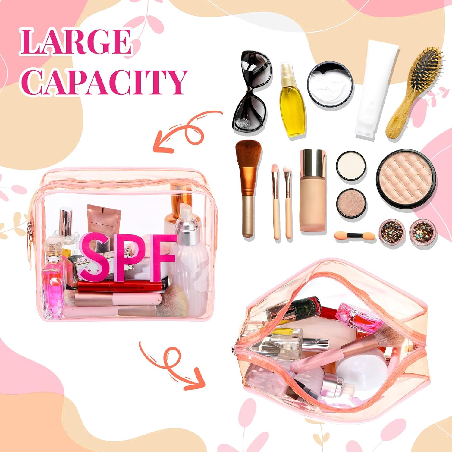 Shinylin Spf Clear Makeup Bag 9.5" x 7" x 3.5" Pink Beach Pouch Large Waterproof Travel Toiletry Cosmetic Bag PVC Transparent Zippered Organizer for Women Girl Summer - Image 3