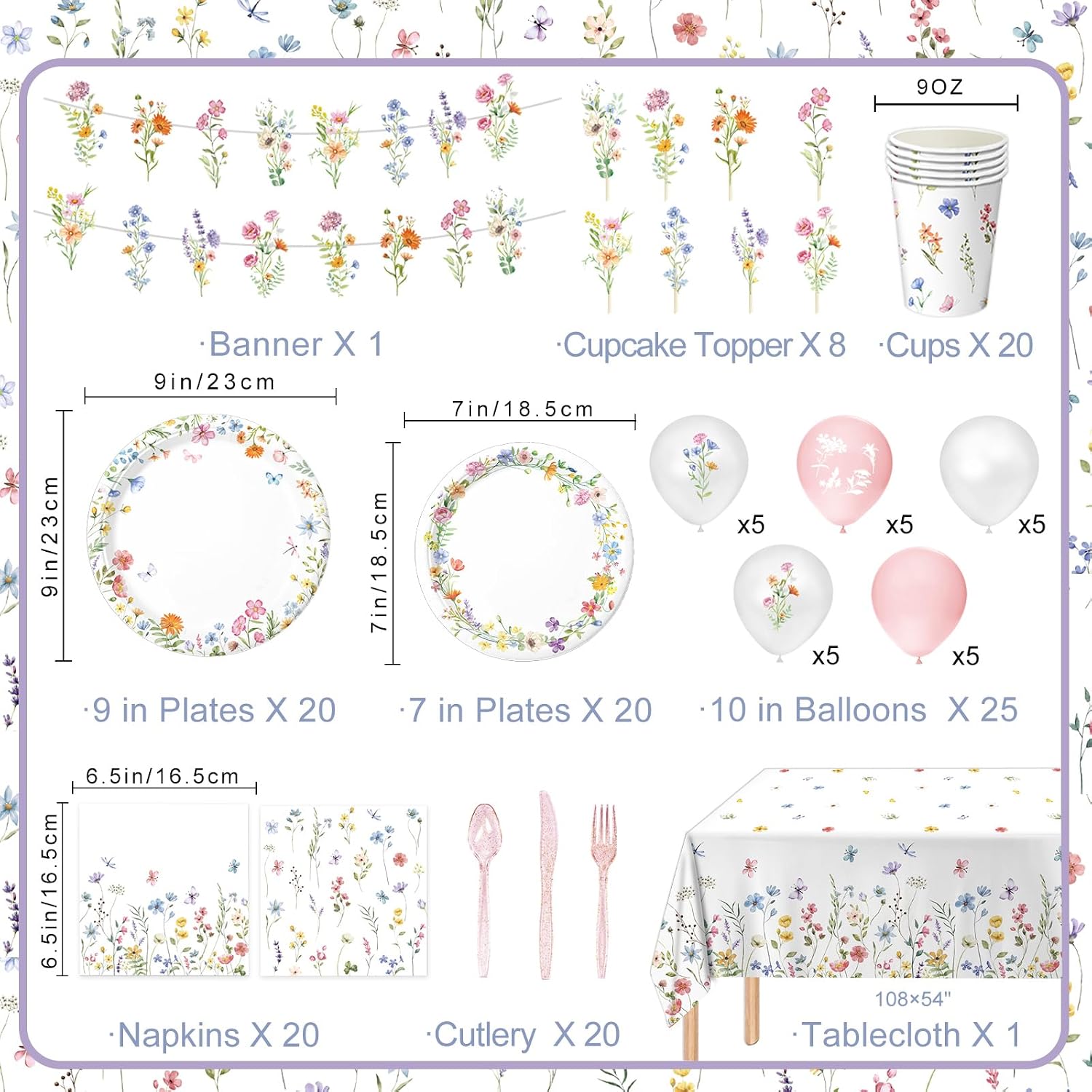 LINHAXM 175 PCS Spring Wildflower Party Decorations include Plates, Cups, Napkins, Cutlery, Cake Toppers, Banner, Tablecloth, Balloons for Floral Baby Shower Birthday Decorations, Serves 20 - Image 2