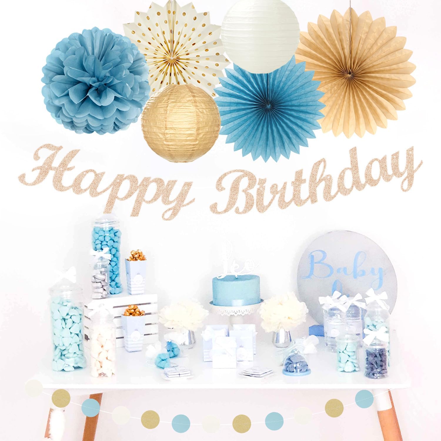 Light-Dusty Blue Beige-Champagne Women Birthday-Decorations - 21pcs Boho Neutral Happy Banner Garland,Paper Streamers Lanterns,Flower Tissue Pom Poms Fan Supplies,Wall Backdrop Party Decor Huglony - Image 6