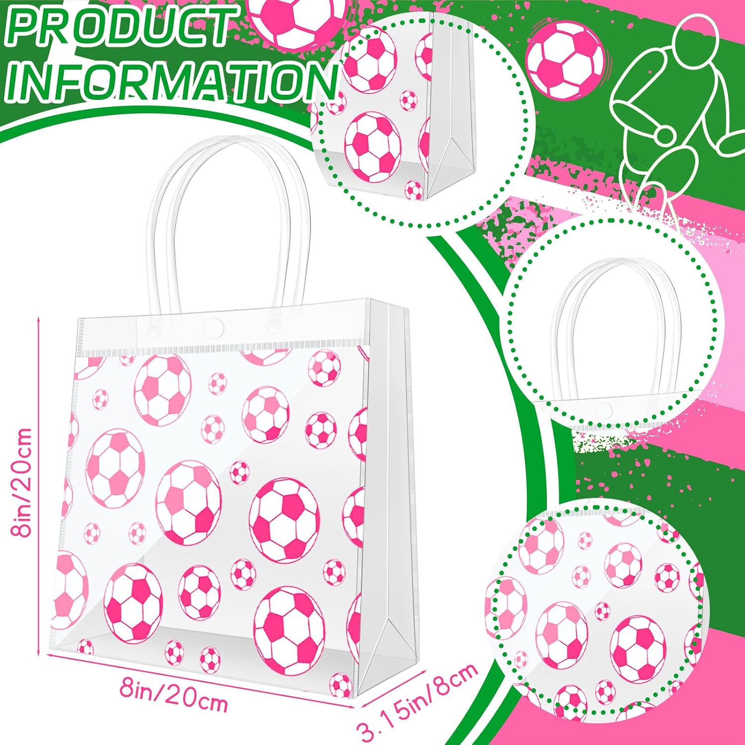 Demonwer 12 Pcs Pink Soccer Clear Goodie Bag with Handles PVC Sport Theme Goodie Treat Candy Bags Reusable Party Favor Bag for Team Birthday Gifts 8×8×3.2 Inch - Image 2