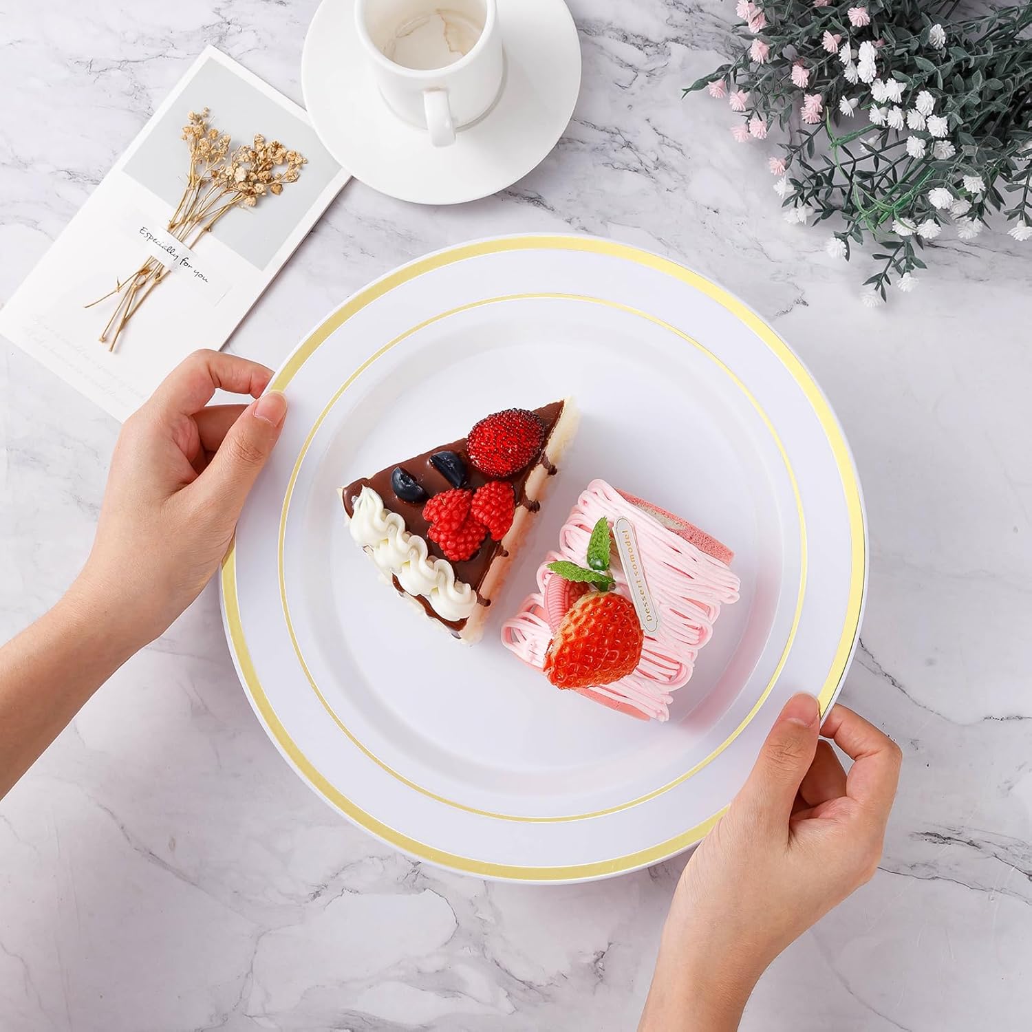 BESTVIP 200PCS Gold Plastic Plate, Disposable Party Plates with 100 Dinner Plates and 100 Dessert Plates, Plastic Plates for Party, Wedding and Birthday - Image 3