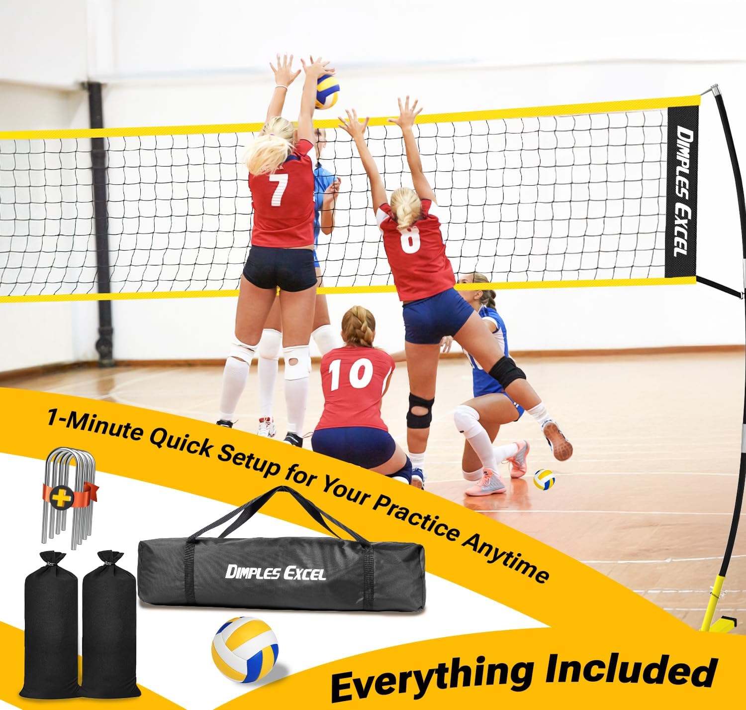 Dimples Excel 12x8 FT Professional Portable Volleyball Net Set with 4 Adjustable Height Levels (5.05–8 FT), Includes Volleyball, Pump, Carry Bag and Sandbags for Indoor/Outdoor Training - Image 7
