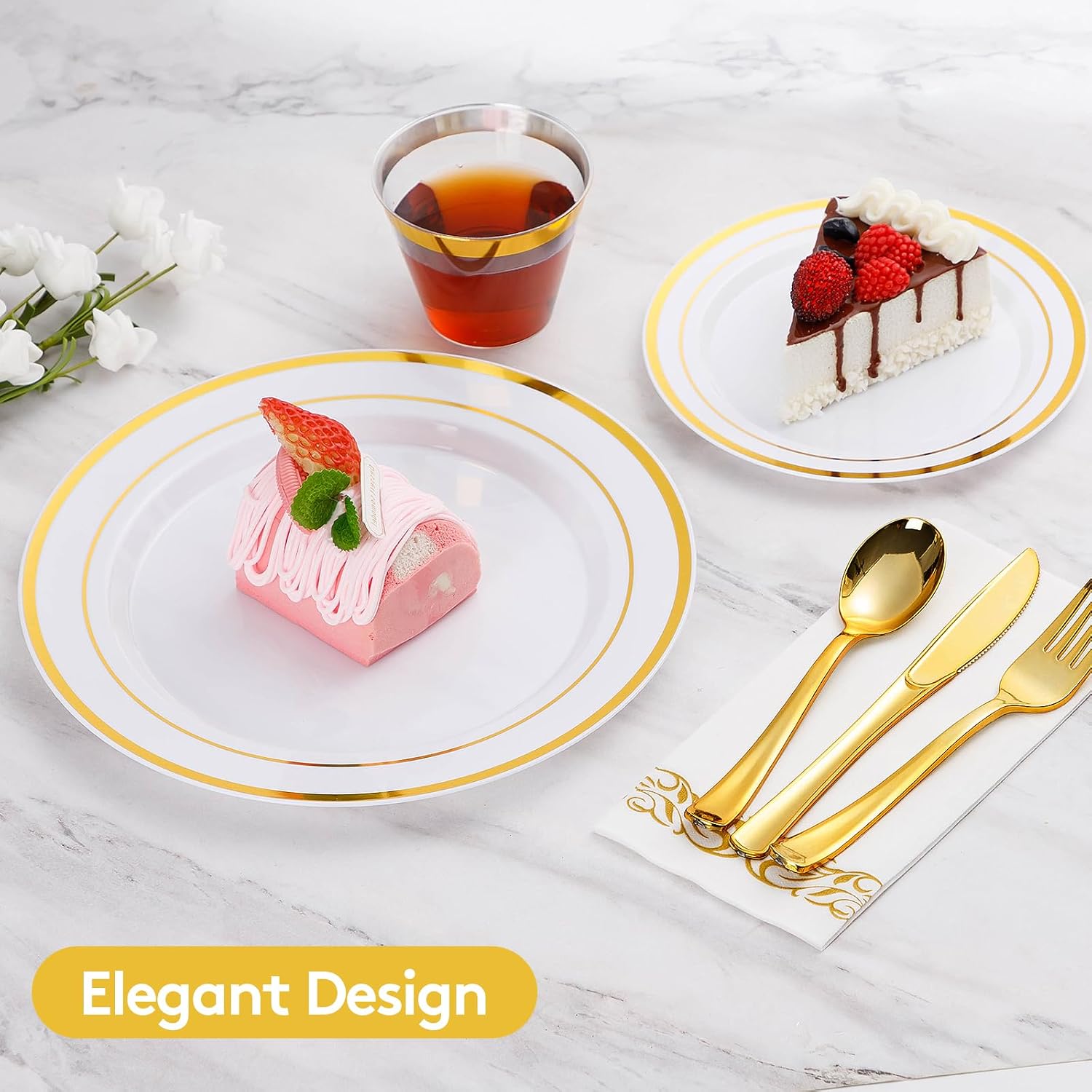 Goodluck 700 Pieces Gold Dinnerware Set for 100 Guests, Disposable for Party, Include: 100 Gold Rim Dinner Plates, 100 Dessert Plates, 100 Paper Napkins, 100 Cups, 100 Plastic Silverware Set - Image 3
