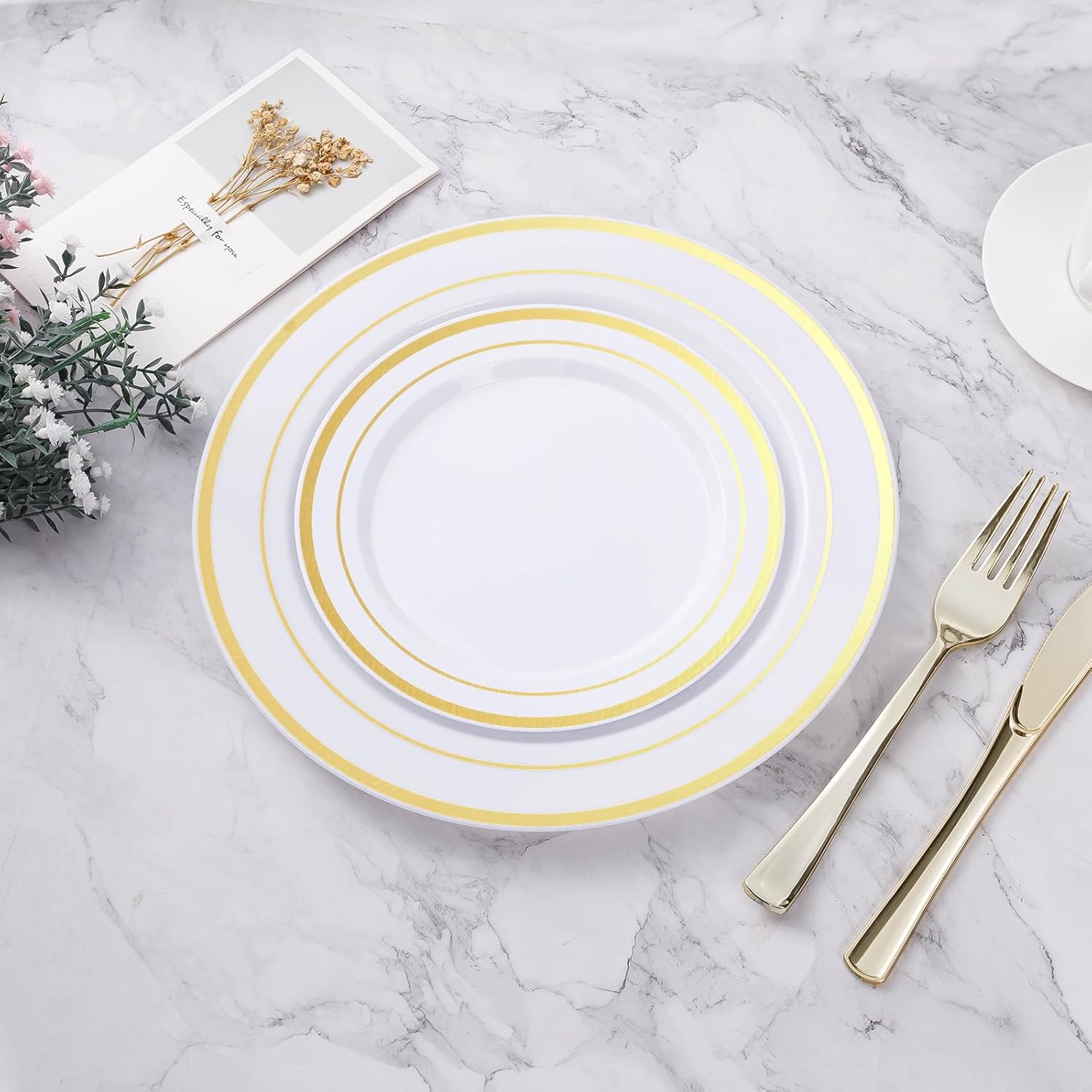 BESTVIP 200PCS Gold Plastic Plate, Disposable Party Plates with 100 Dinner Plates and 100 Dessert Plates, Plastic Plates for Party, Wedding and Birthday - Image 5
