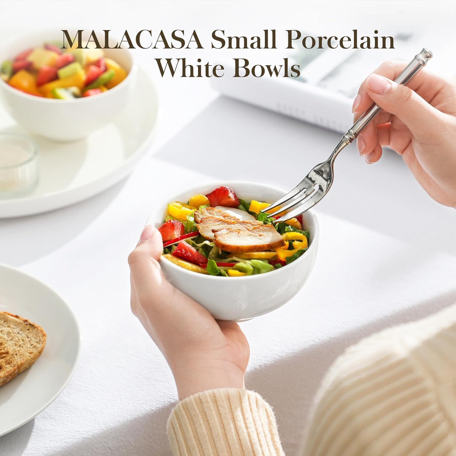 MALACASA Small White Bowls Set of 8, 10 Oz Ice Cream Bowls - Little Ceramic Bowls for Bouillon,Side Dishes, Dessert, Oatmeal, Fruit, Portion Control - Dishwasher & Microwave Safe. - Image 7