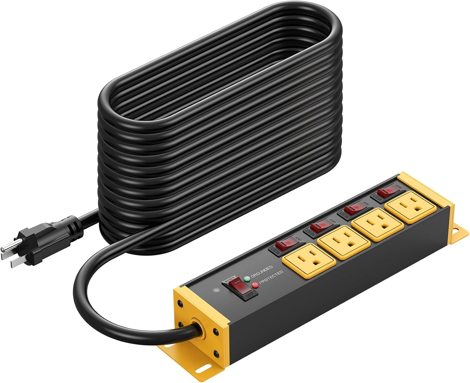 CCCEI 12 Gauge Outdoor Long Extension Cord with Multiple Outlets, 20 Amp Individual Switches Heavy Duty Surge Protector Power Strip, Garage Wall Mount Outlet Extender. 100 FT, Yellow.