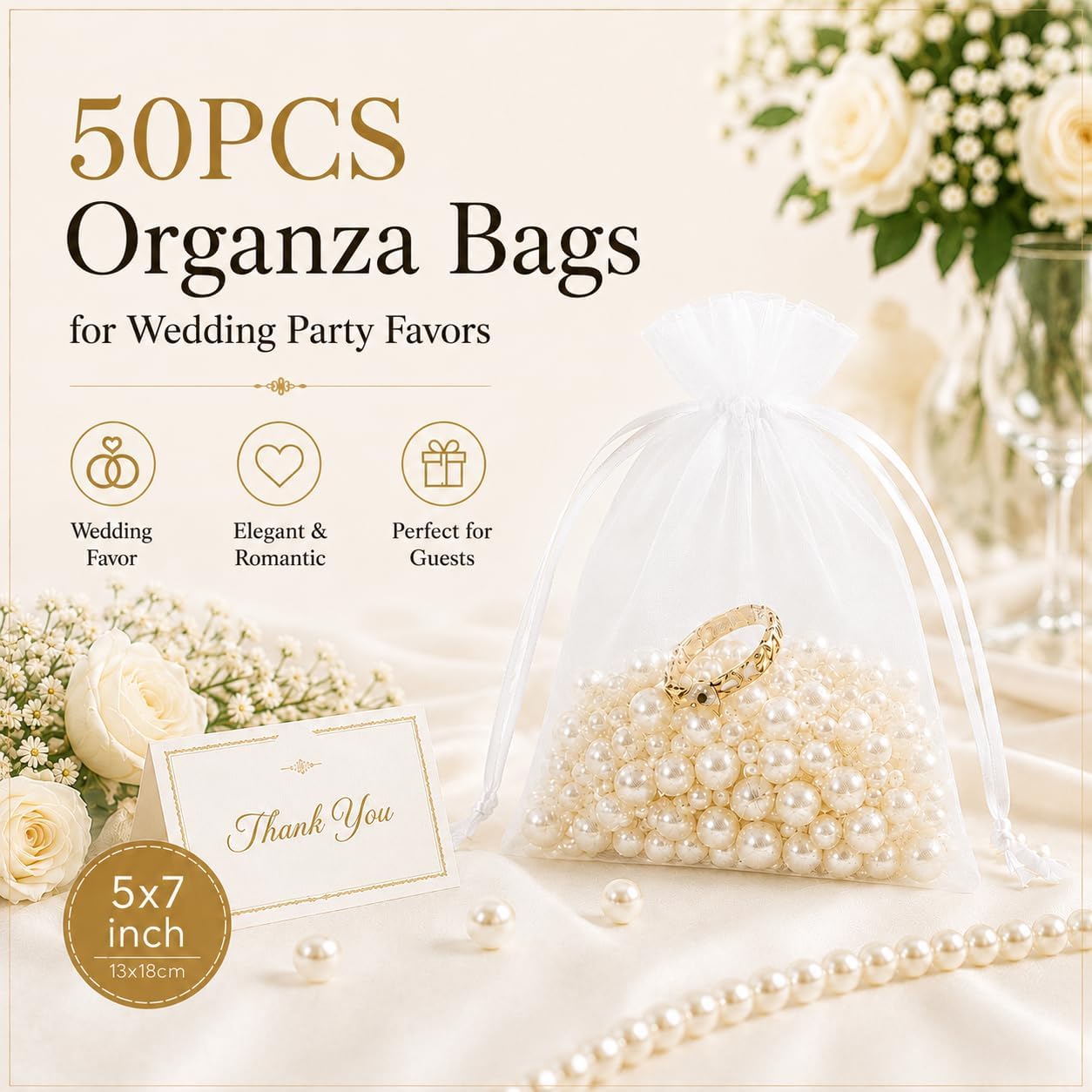 ANZNKU 50 Pack Organza Bags 5 x 7 in White Small Mesh Gift Bags Bulk Drawstring for Wedding Party Favors, Little Goodie Bag for Candy Jewelry Soap Makeup, Treat Sachet Pouch for Baby Shower Graduation - Image 3