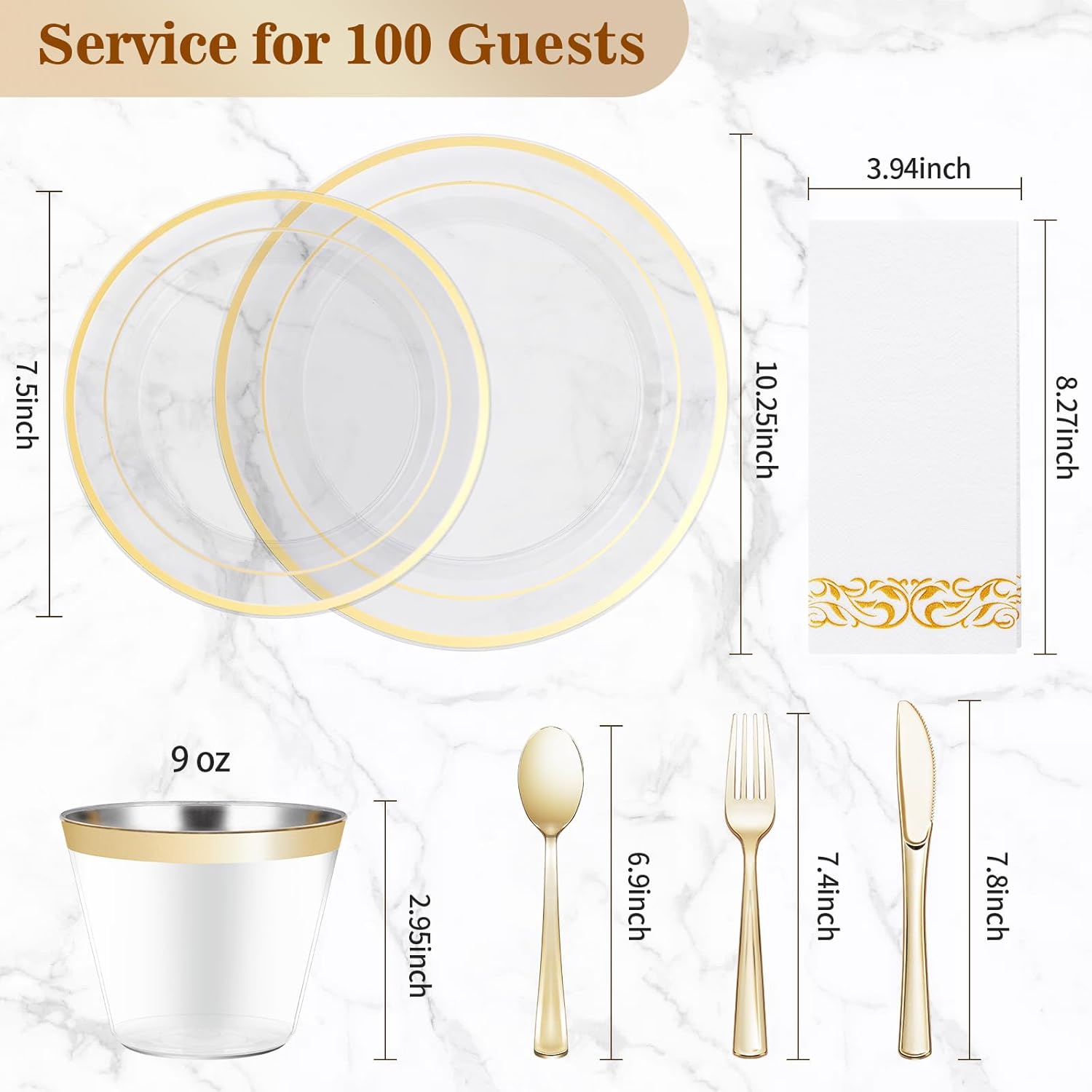 BESTVIP 700PCS Clear Gold Disposable Dinnerware Set for 100 Guests, Plastic Plates for Party, Wedding, Christmas, Include: 200 Plastic Plates, 100 Gold Silverware, 100 Cups, 100 Napkins - Image 4