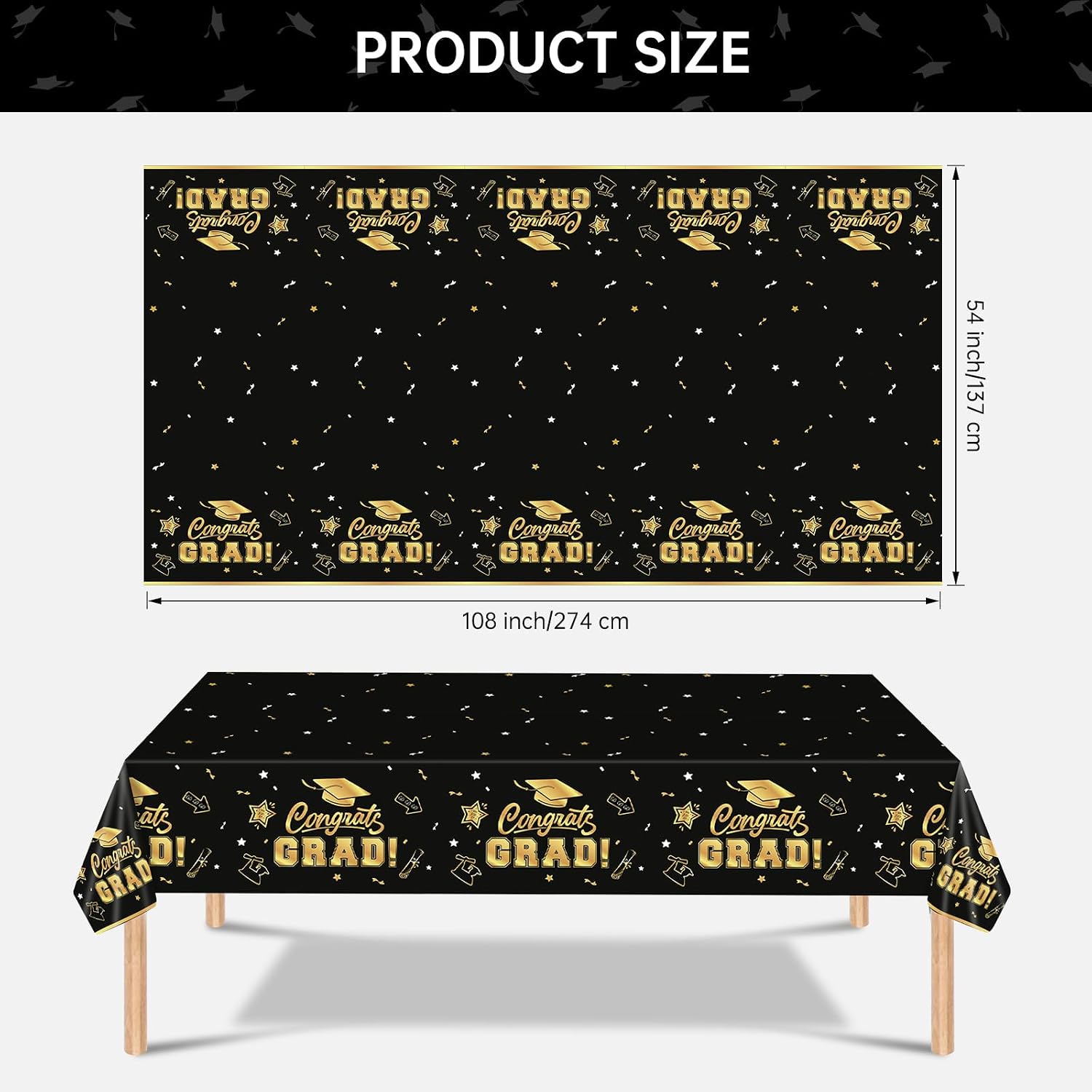 2 Pack Graduation Tablecloth - Congrats Grad Table Cloths, Plastic Disposable Rectangle Black Gold Class of 2026 Table Cover for Graduation Tables Decorations Party Decor Supplies Favors,108 x 54 Inch - Image 3