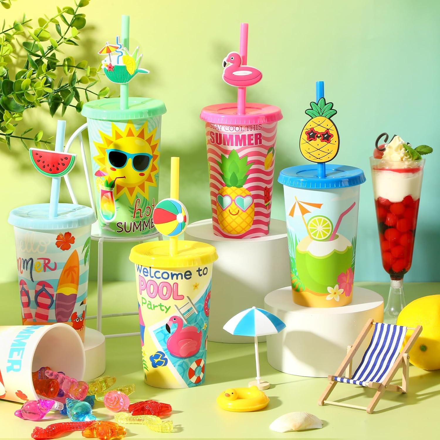 Jansun 12pcs Summer Party Color Changing Cups with Lids and Straws Beach Party 12Oz Reusable Plastic Cups Beach Ball Pool Party Favors Goodie Cups for Hawaiian Tropical Festival Supplies - Image 5