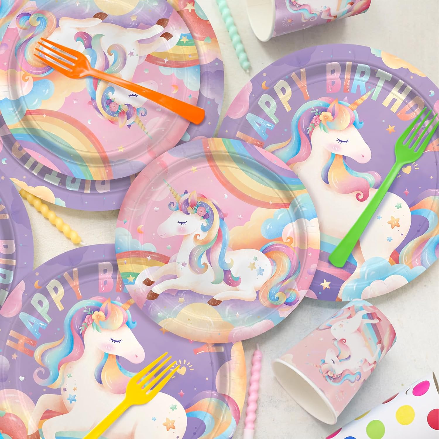 birthday Party Supplies Kit for 24 Guests - for Unicorn Birthday Decorations, Includes Dinner & Dessert Plates, Napkins, Cups, Banner and Tablecloth for Unicorn 1st Birthday Party Decorations - Image 3