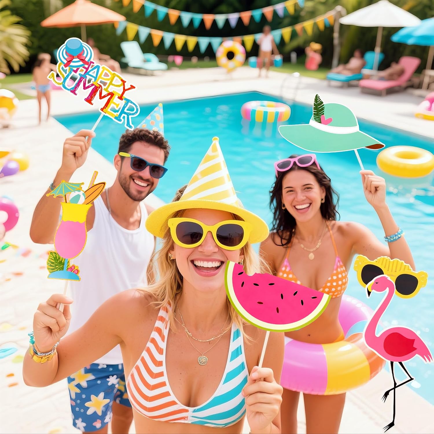 SUNBEAUTY 12 Pcs Summer Photo Booth Props Beach Summer Pool Party Decorations Luau Photo Booth Props Tropical Tiki Beach Pool Party Favors for Baby Shower, Birthday, Hawaii - Image 2