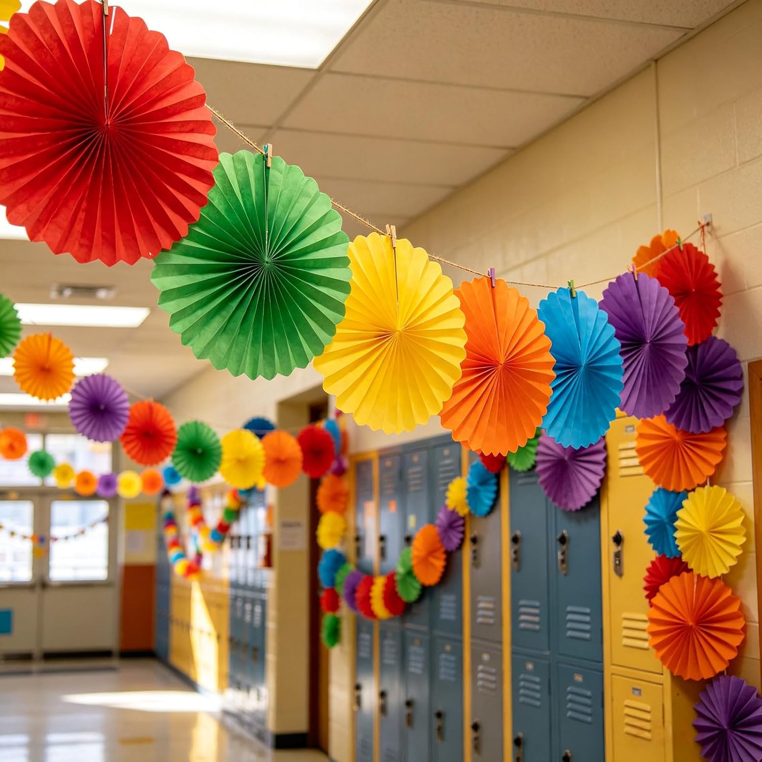 Rainbow Paper Round Fan Decorations,Vibrant Red Green Yellow Blue Orange Purple Hanging Fans, Fiesta Party Decor, Wedding Birthday Backdrop, Back to School Decor, Set of 12, 10", 12" - Image 2